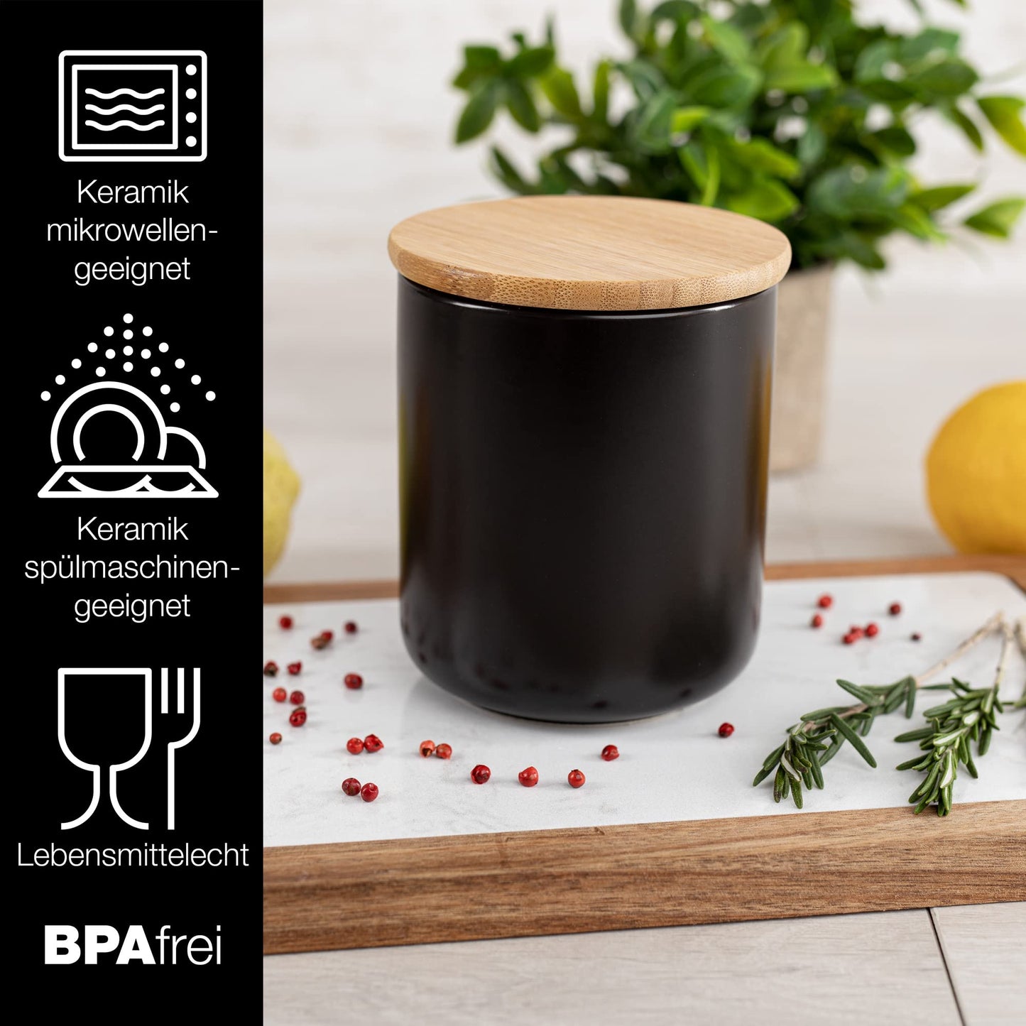 Moritz & Moritz 3x Vorratsdosen Schwarz 400ml, 600ml & 900 ml - Beschreibbar – 3x Keksdosen Keramik mit Deckel aus Bambus – Keramik Aufbewahrungsdose