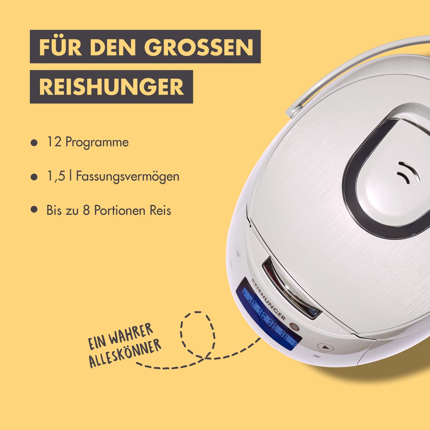 REISHUNGER Digitaler Reiskocher & Dampfgarer Grau | 1,5 L bis 8 Personen | Warmhaltefunktion, Timer & Premium Innentopf | Multikocher, 12 Programme, 7-Phasen-Technologie