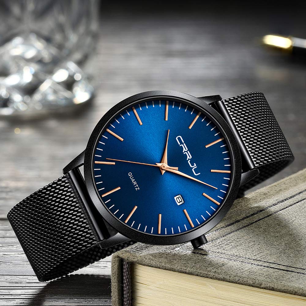 CRRJU Herren Uhr Ultra Dünne Wasserdicht Armbanduhr Herren Mode mit Schwarz Edelstahlband Mesh Analog Quarz Business Männer Uhren