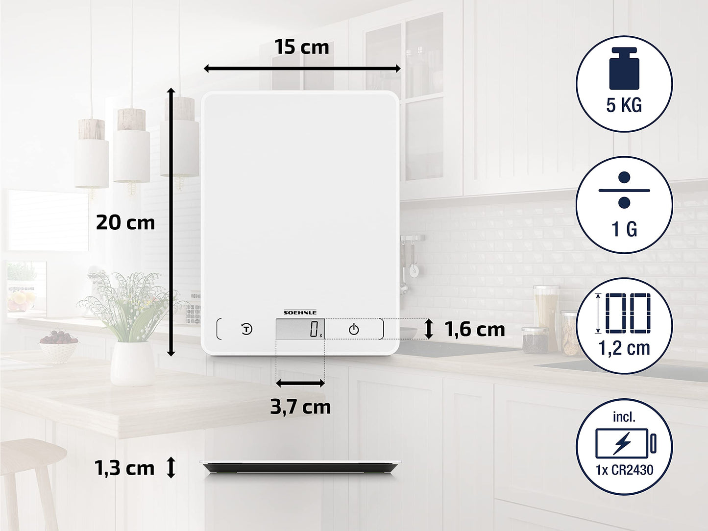 Soehnle Küchenwaage Page Compact 300 weiß, digitale Küchenwaage bis zu 5 kg Tragkraft, Waage mit leicht ablesbarer LCD-Anzeige, Digitalwaage mit Zuwiegefunktion