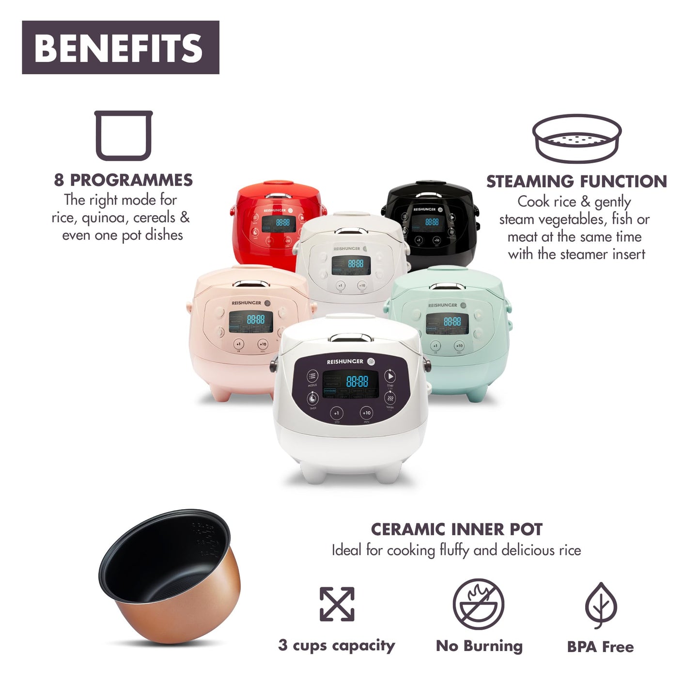 REISHUNGER Digitaler Reiskocher klein, schwarz | 0,6 L bis 3 Personen | Warmhaltefunktion, Timer & Premium Topf | Kleiner Multikocher & Dampfgarer, 8 Programme, 7-Phasen-Technologie
