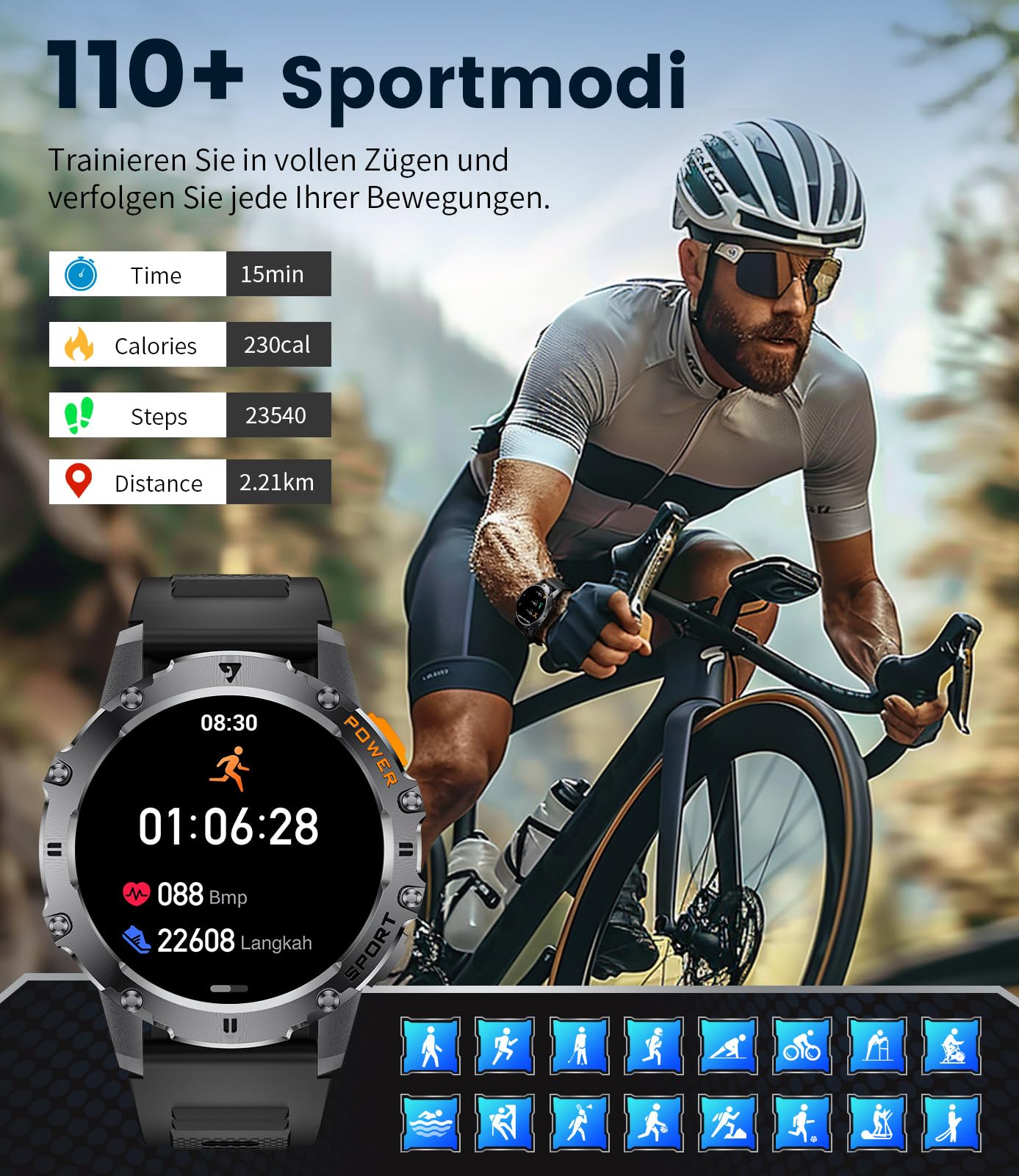 LIGE Smartwatch Herren Militär,Taschenlampe/1.43" AMOLED Sportuhr mit 500 mAh Akku/Telefonfunktion, 110+Sportmodi, IP68 Wasserdicht Smartwatch mit Herzfrequenz/Schlafmonitor für Android iOS,Schwarz