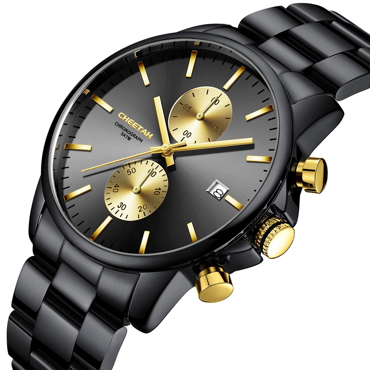 Herrenuhren mit lässiger wasserdichter Chronographen Quarzuhr aus Edelstahl und Metall, Auto Date in farbenfrohen Zeigern