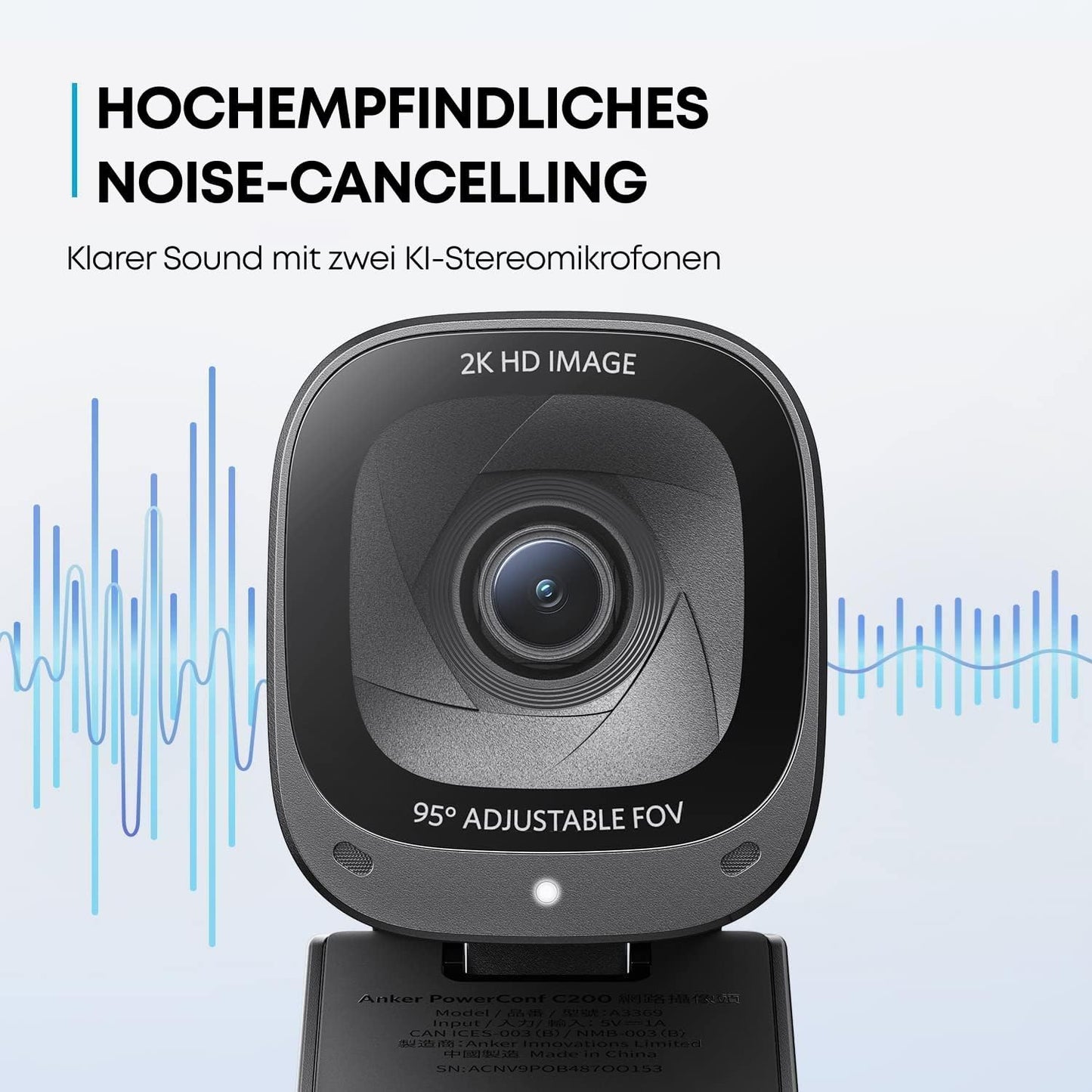 Anker PowerConf C200 2K USB-Webcam, Webcam für Laptops, Mikrofone mit Geräuschunterdrückung und K.I, Stereo-Mikrofone, Regulierbarer Sichtwinkel, Lichtkorrektur, Integrierte Kameraabdeckung