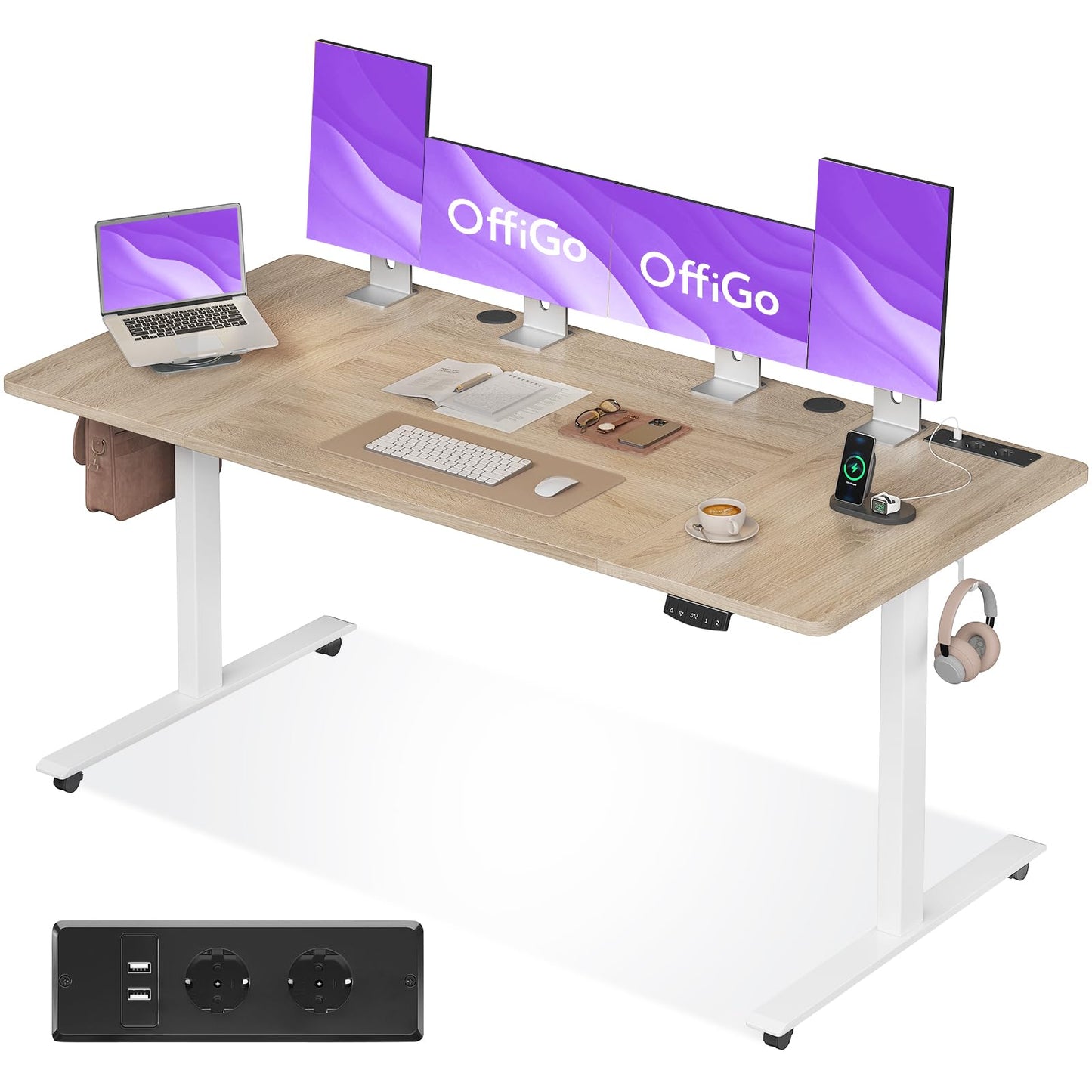 OffiGo Höhenverstellbarer Schreibtisch, 180cm, Elektrischer Schreibtisch mit USB, Schreibtisch Höhenverstellbar mit 2 Memory Funktion, Tisch Höhenverstellbar für Büro, Zuhause, Gaming, Schwarz