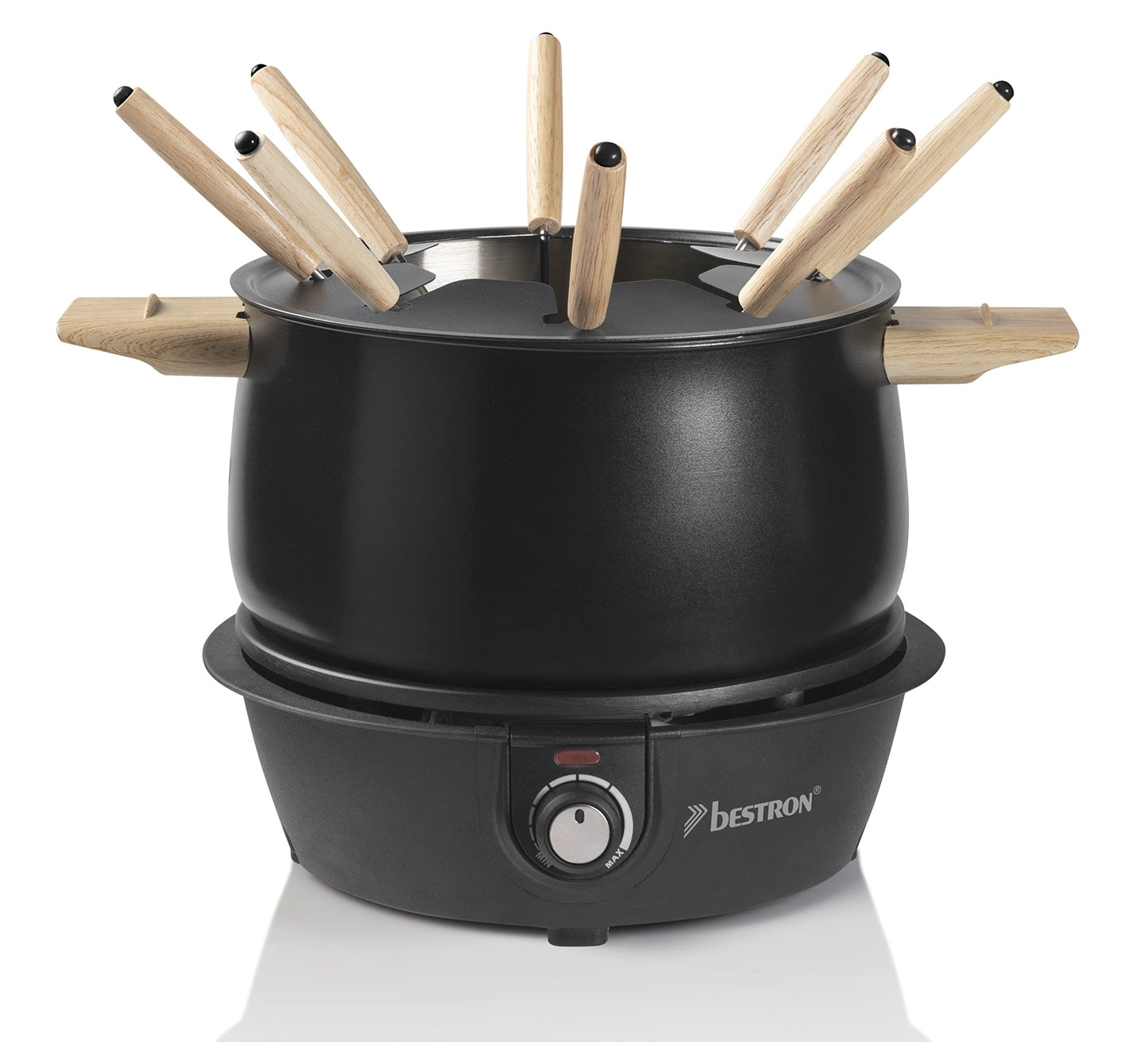 Bestron elektrische Fondue Set für bis zu 8 Personen, mit 8x Fonduegabeln & stufenlosen Thermostat, inkl. Spritzschutz, Farbe: Kupfer