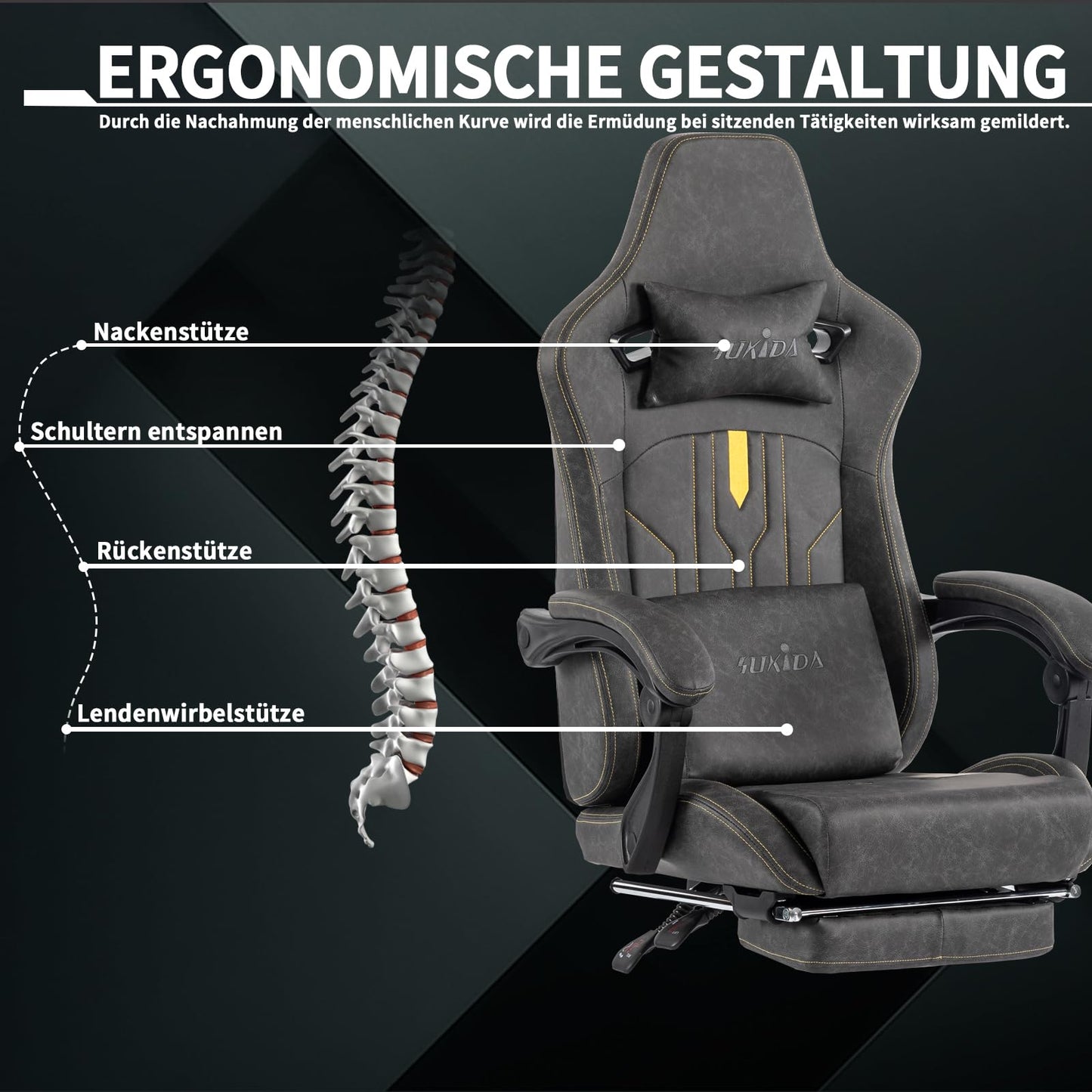 SUKIDA Gaming Stuhl Computerstuhl Ergonomischer Gaming Chair mit Fußstütze Bürostuhl Ergonomischer Computerstuhl mit Lendenwirbelstütze Schwarz