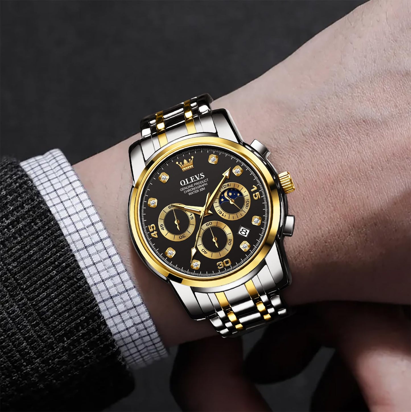 OLEVS Uhren Herren, Edelstahl Analoger Quarzuhr, Multifunktionale Diamanten Herrenuhren, Klassisches Luxuskleid Herrenuhr