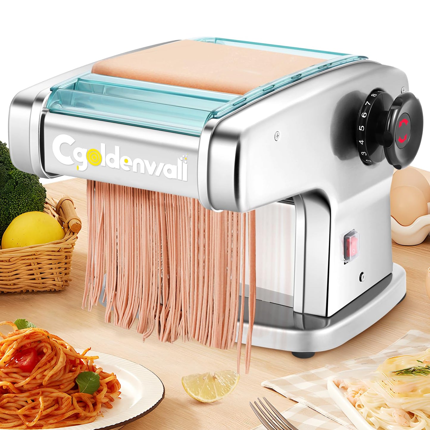 CGOLDENWALL Electric Pasta Machine Household Fresh Pasta Dough Machine Made of Stainless Steel with 2.5 mm Round and 4 mm Flat Blades, 9 Thickness Settings for Pasta/Spaghetti/Lasagna/Ravioli
