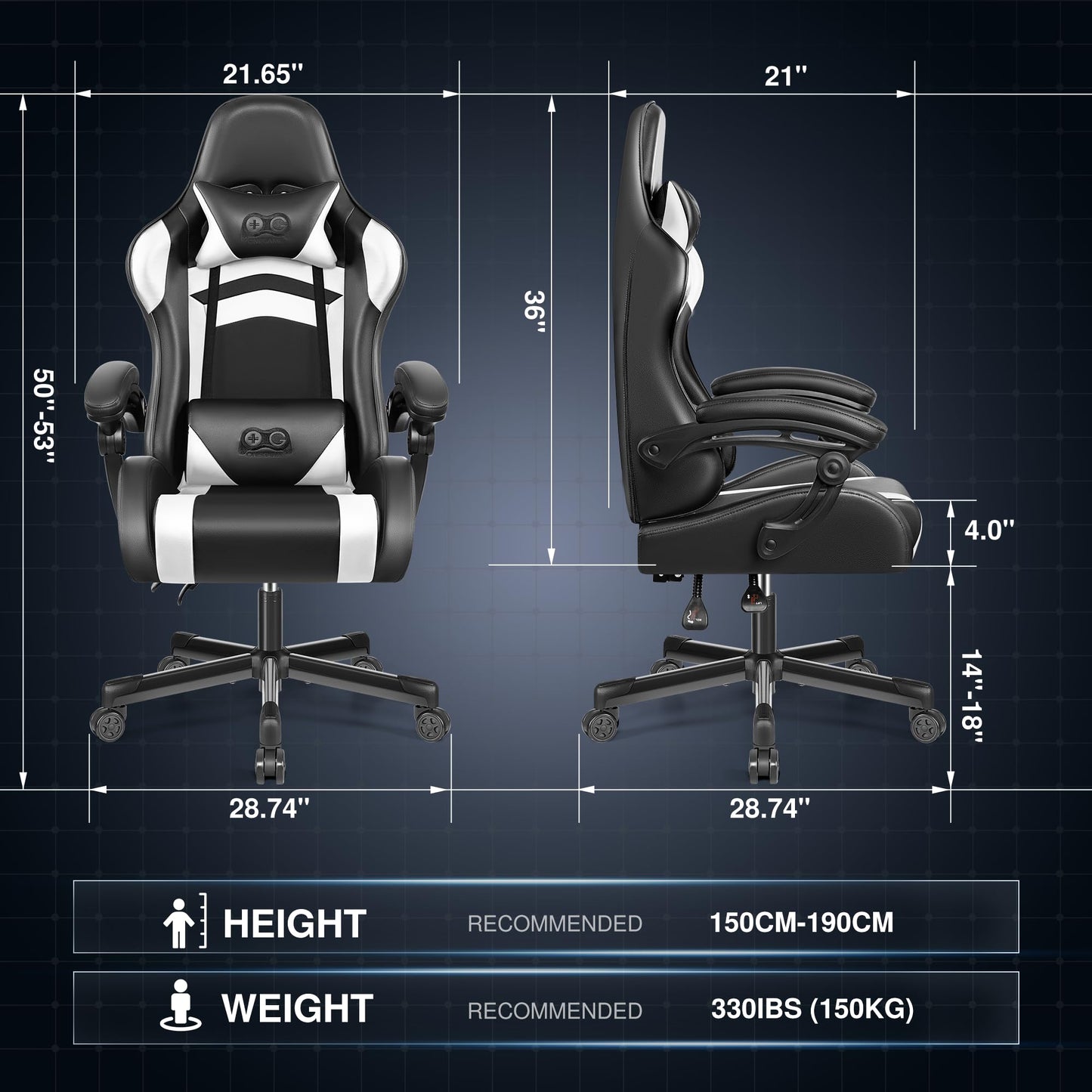 OneGame Ergonomischer Gaming Stuhl, hoher Rücken Computer Gamer Stuhl, höhenverstellbarer Game Stuhl, Racing Style Gaming Bürostuhl mit Kopfstütze und Lendenwirbelstütze, Schwarzweiß