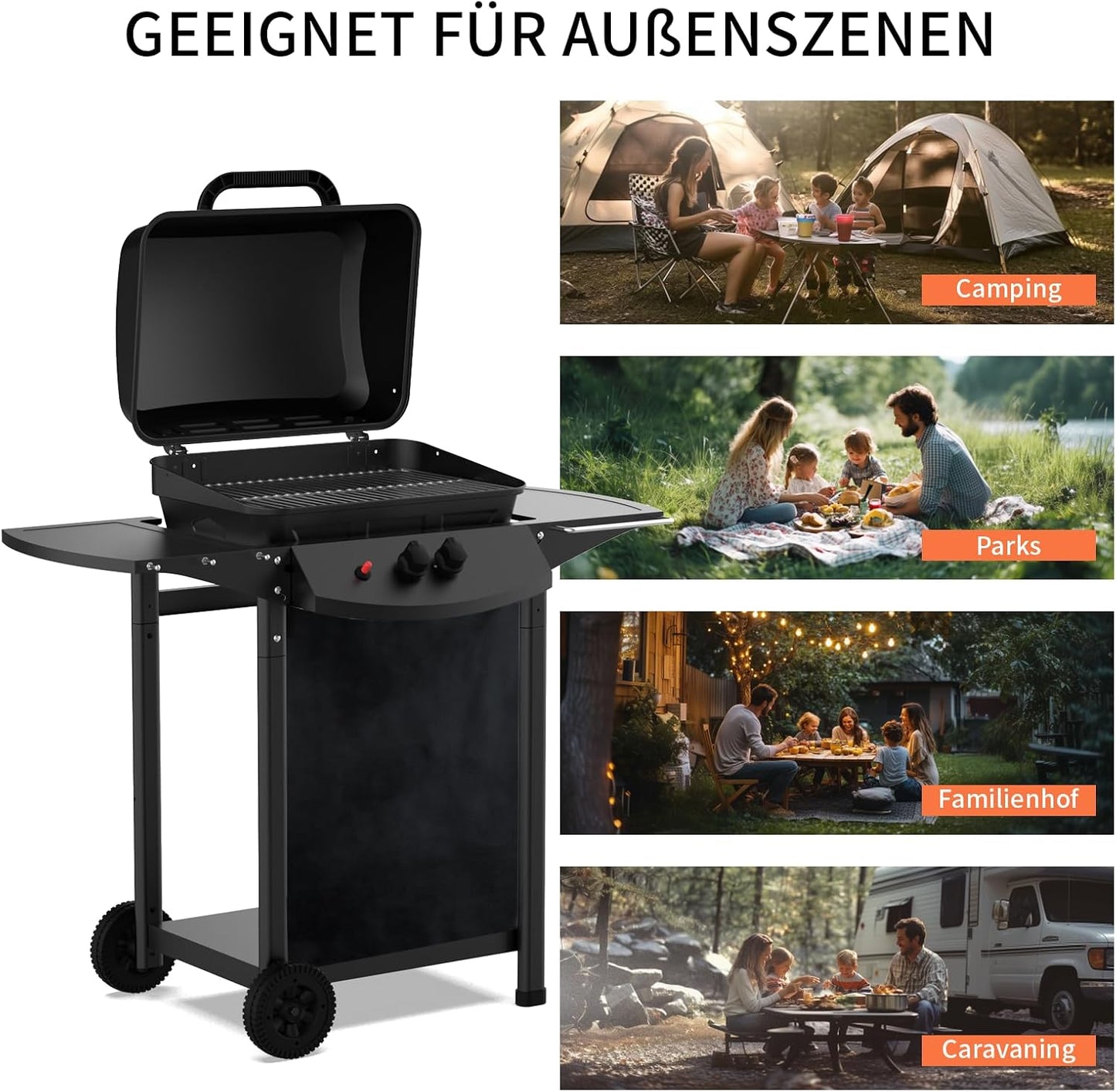 Topwish gas grill 2 burners, gas grill, small gas grill, gas grill balcony, outdoor grill, grill cart with pressure reducer and gas hose, 106.44*55.6*103.85 cm, suitable for DE, AT, SK, CH, LU, for 50 mbar, 6.0 kW