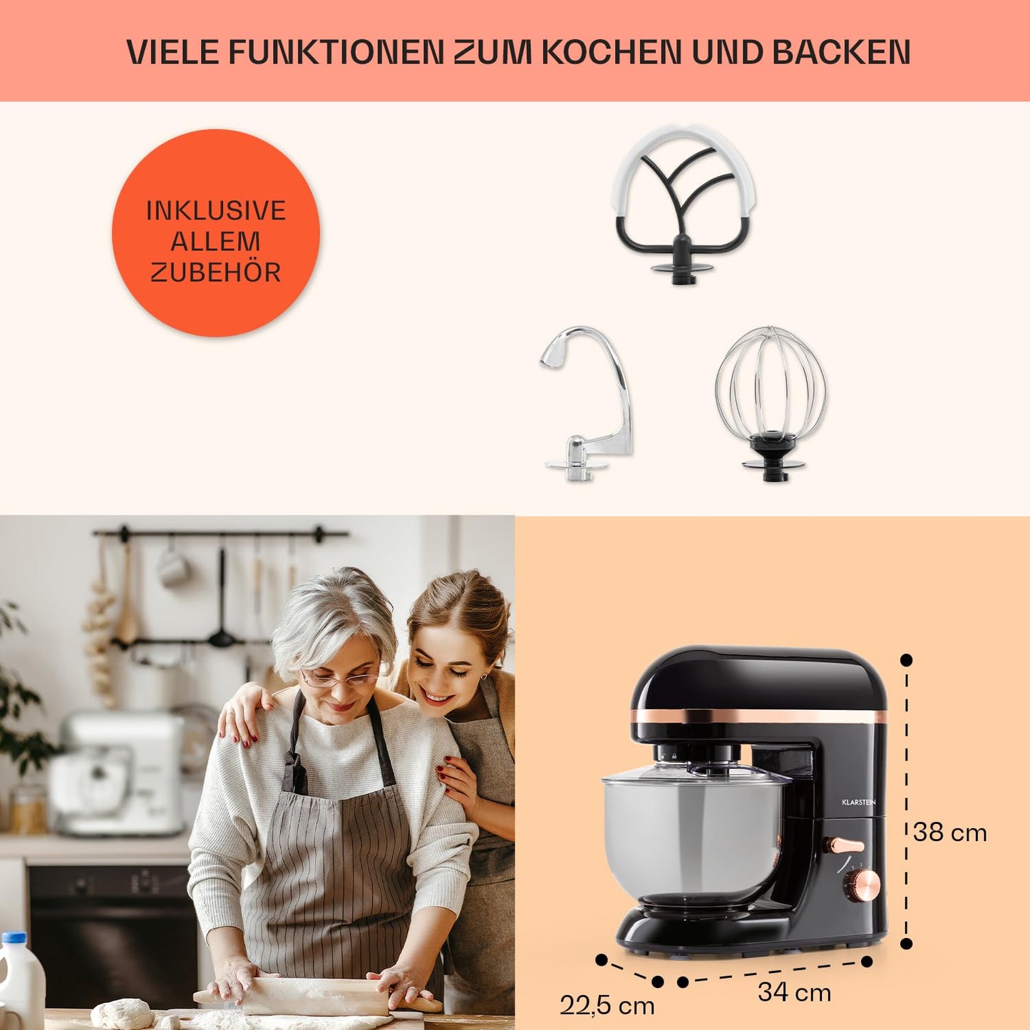 Klarstein Küchenmaschine, Knetmaschine mit 5L Schüssel, 1800W Profi Küchenmaschine mit Knethaken und Schneebesen, Universal Küchenmaschine mit 6 Stufen, Teigmaschine zum Rühren, Kneten und Aufschlagen