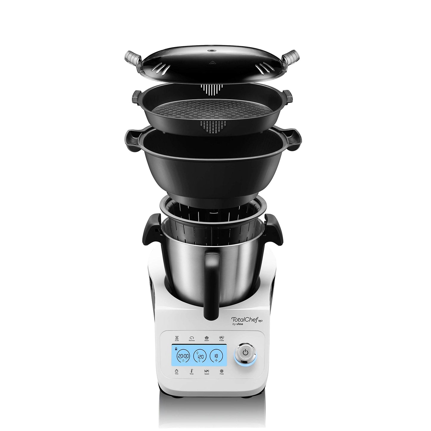 Ufesa TotalChef RK7 Küchenmaschine mit WLAN, Multifunktions Küchenroboter mit Kochfunktion, Kochroboter 30 Funktionen, 4.5L, 7-Zoll-Touchscreen, Interaktives Rezeptbuch, Silber / Weiss