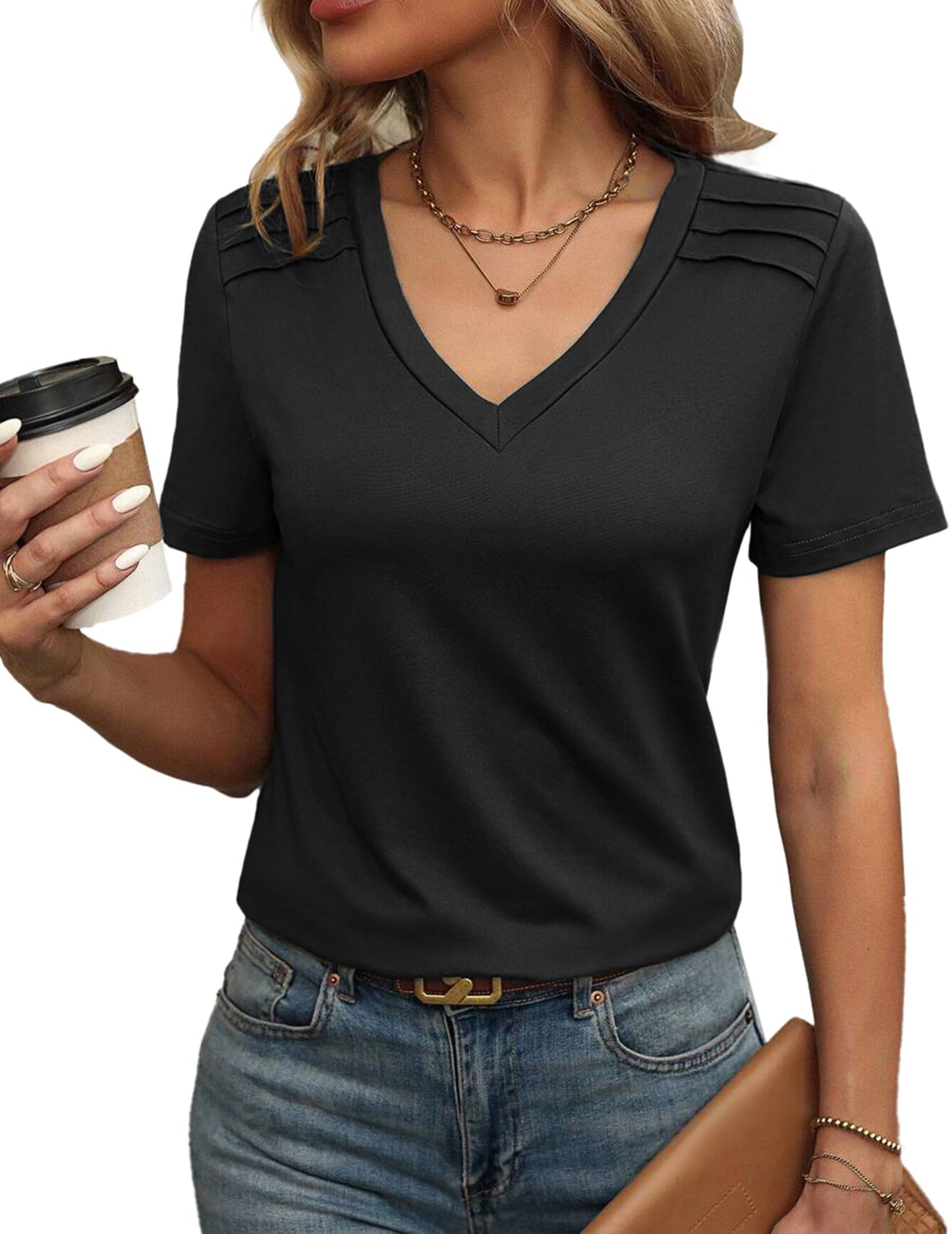 Zeagoo Women’s V-Neck Pleated T-Shirts