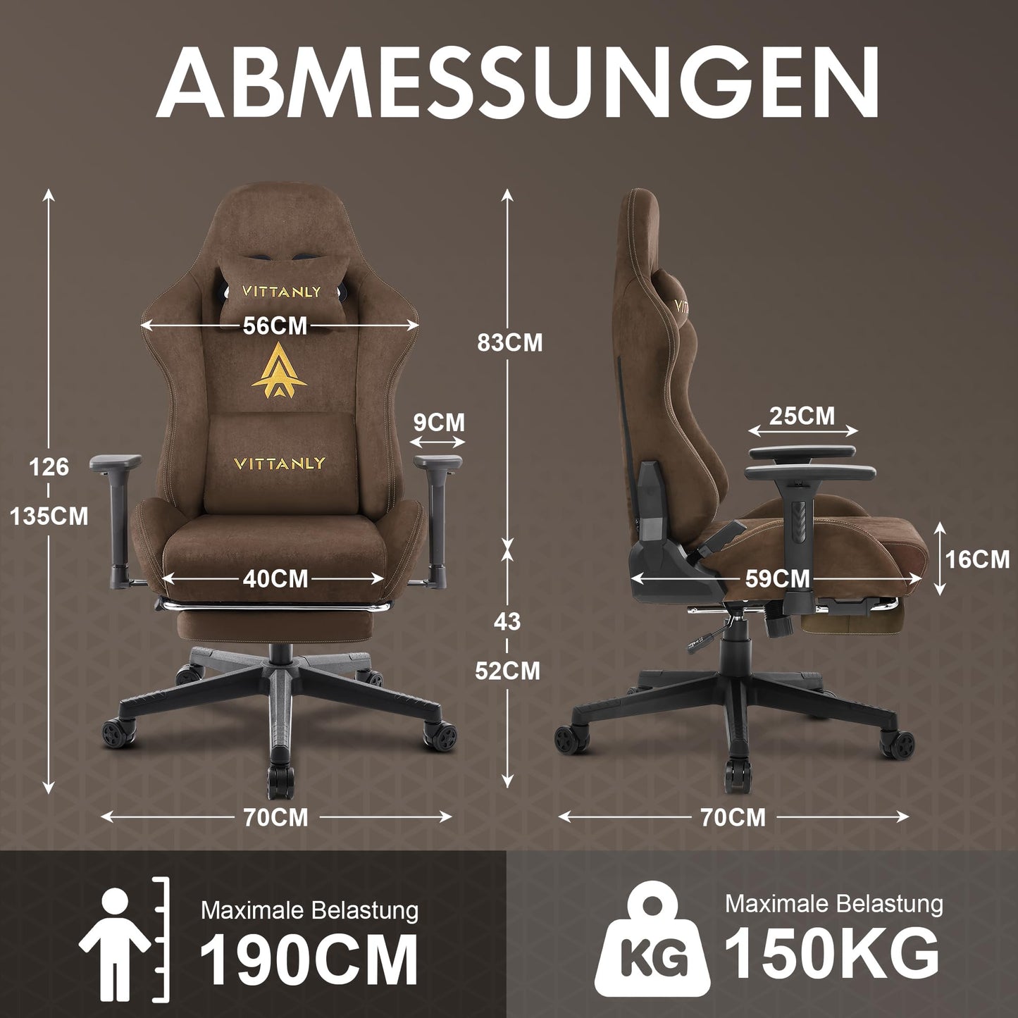 Vittanly Gaming Chair, Luxurious Breathable Imitation Suede Office Chair Gaming Chair, Ergonomic Gamer Chair with Footrest Headrest and Lumbar Cushion, 3D Armrests, 90-155° Backrest, Gray
