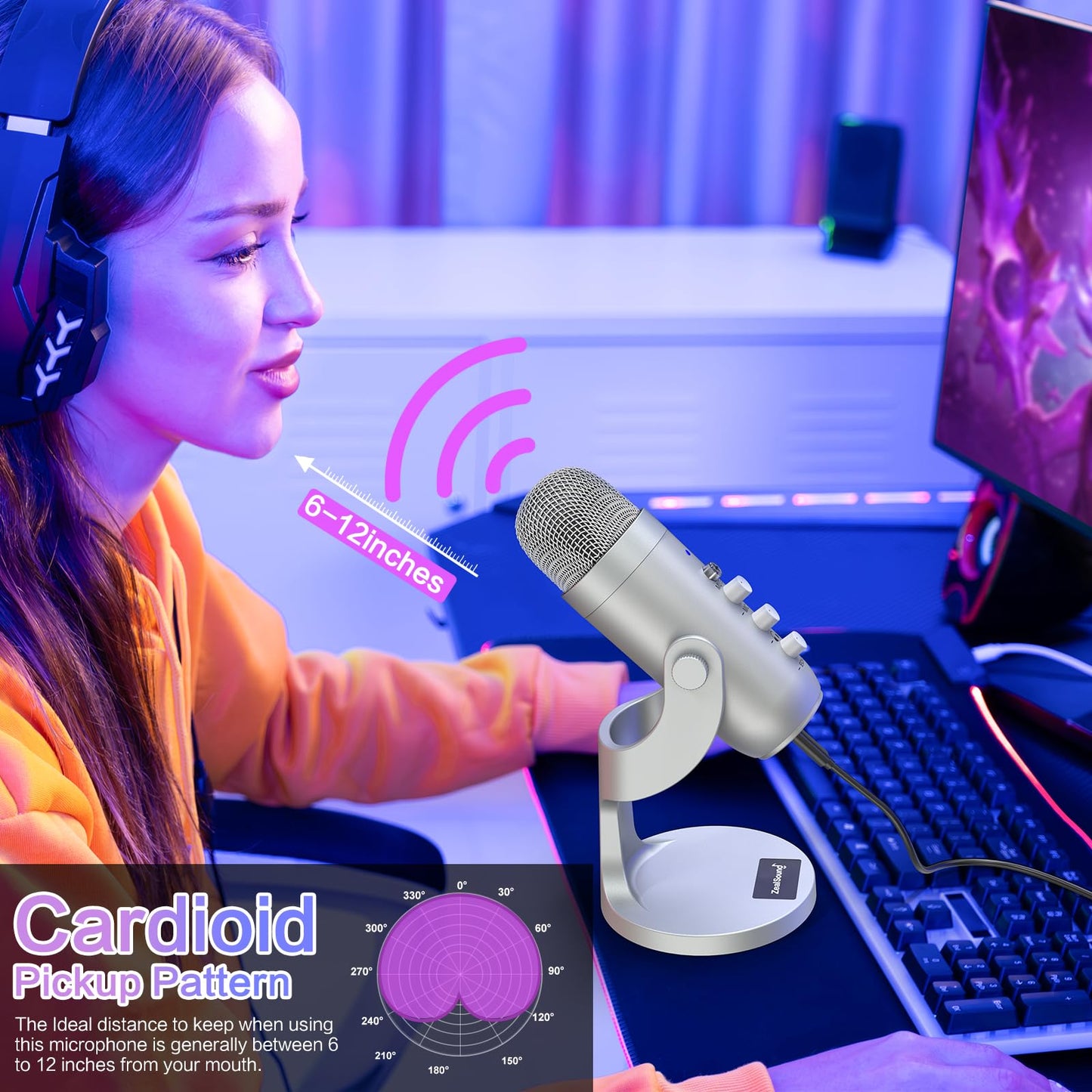 zealsound USB Mikrofon, Kondensator Mikrofon für PC Handy, PS4, PS5, Microphone PC USB C für Gaming, Podcast,Aufnahmen,Streaming,ASMR mit Stumm/Gain/Echo, Adapter für Phone,Kompatibel mit Mac, Winows