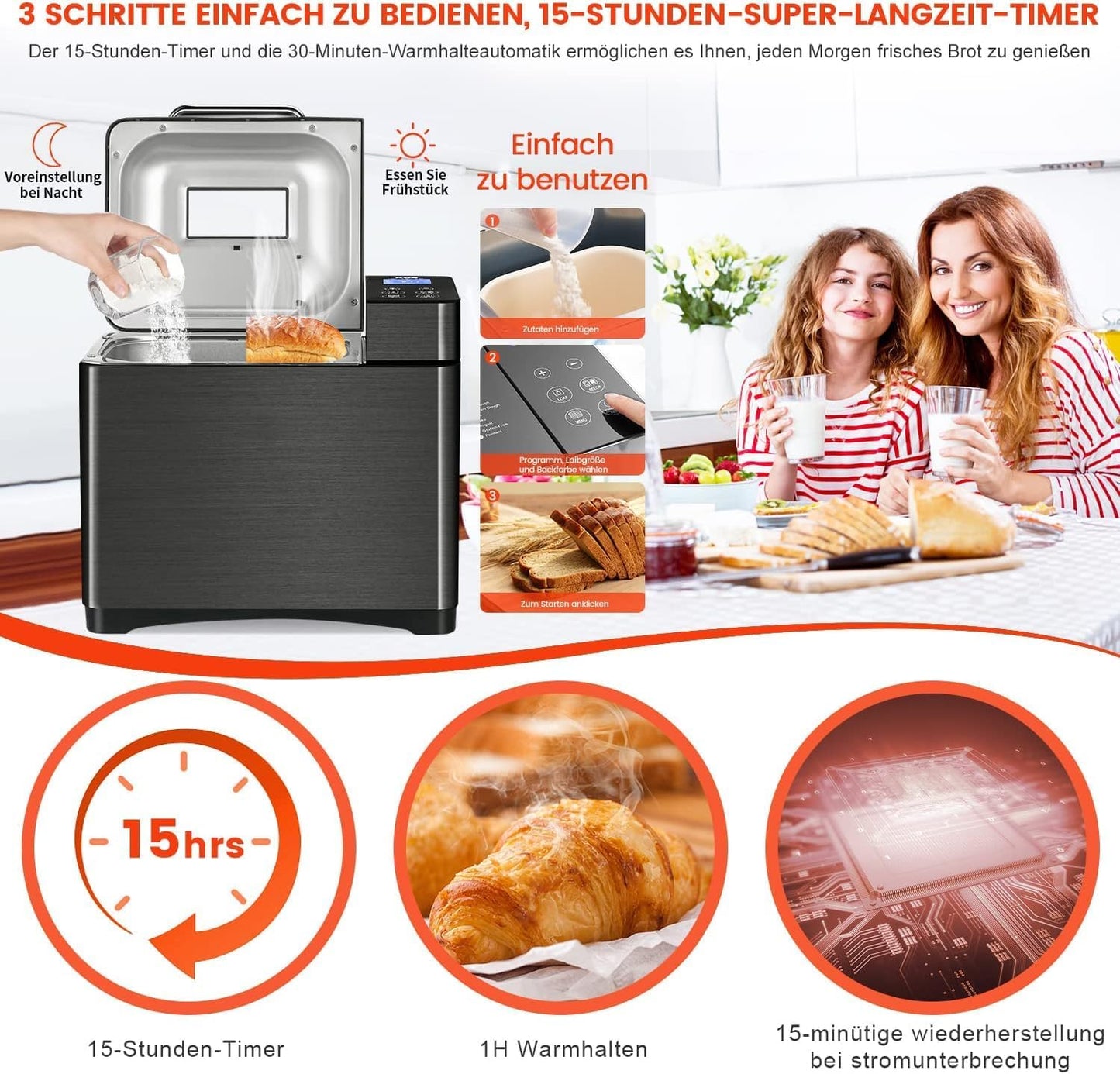 KEEPEEZ 2LB Brotbackautomat, Quarz Schnellheizer Brotbackautomaten Edelstahl with Keramik-Pfannen, 17-in-1 Brotbackmaschine with Auto Nut Dispenser, 2 Paddles, 3 Brotgrößen and 3 Backfarben,Glutenfrei