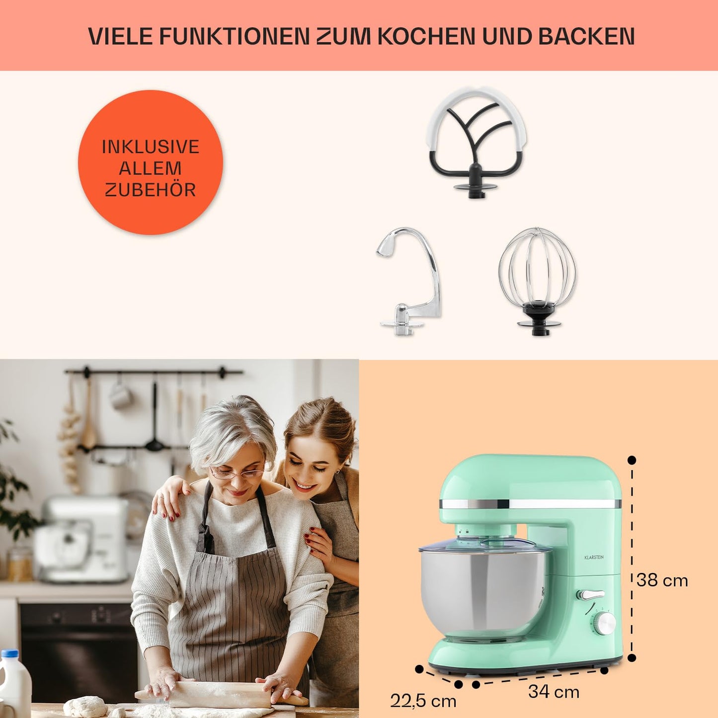 Klarstein Küchenmaschine, Knetmaschine mit 5L Schüssel, 1800W Profi Küchenmaschine mit Knethaken und Schneebesen, Universal Küchenmaschine mit 6 Stufen, Teigmaschine zum Rühren, Kneten und Aufschlagen