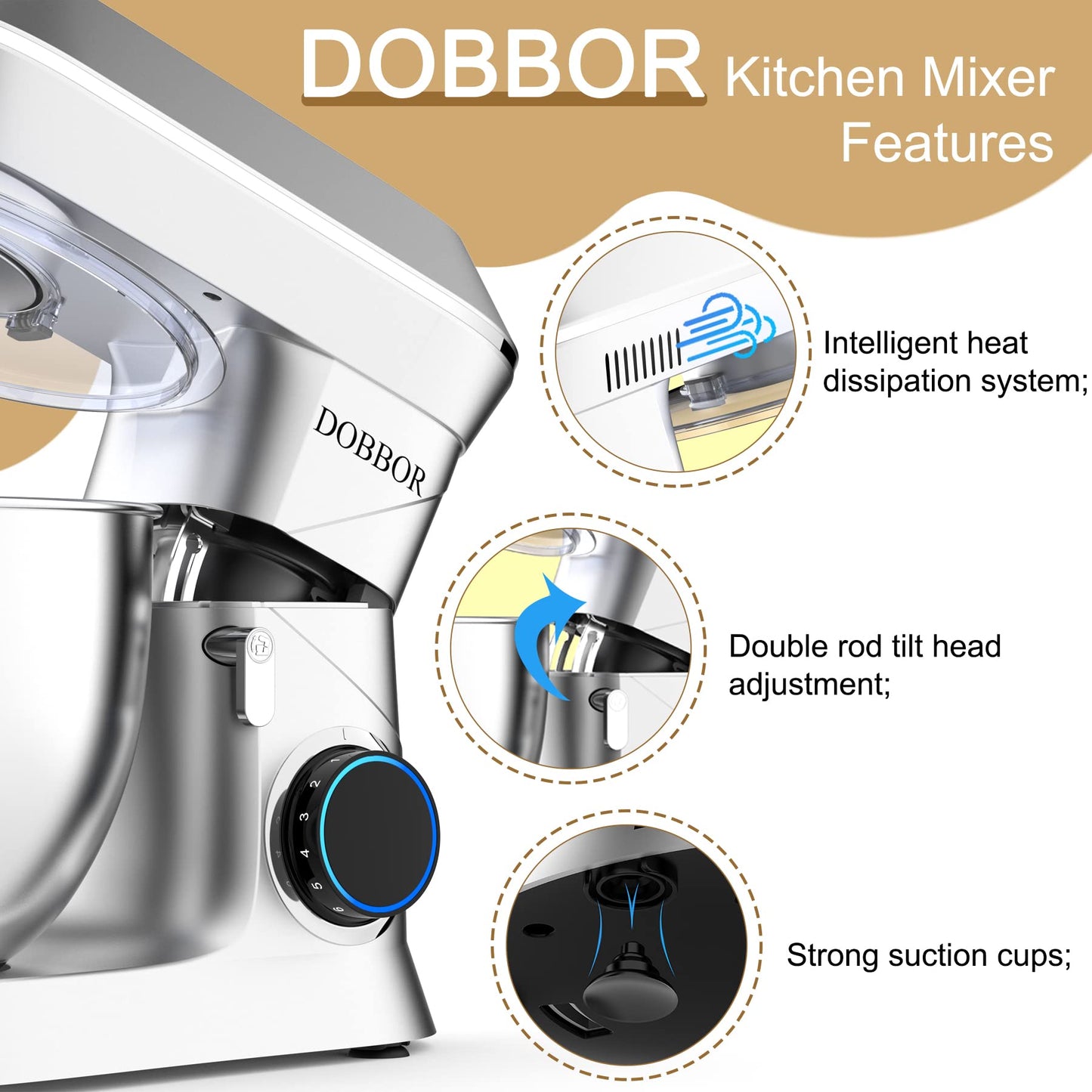 9.5L Küchenmaschine Knetmaschine 1500W, DOBBOR Rührmaschine mit Rührbesen, Knethaken, Schlagbesen, Spritzschutz, 7 Geschwindigkeit Planetarisches Rührsystem, leise und multifunktional. (rot)