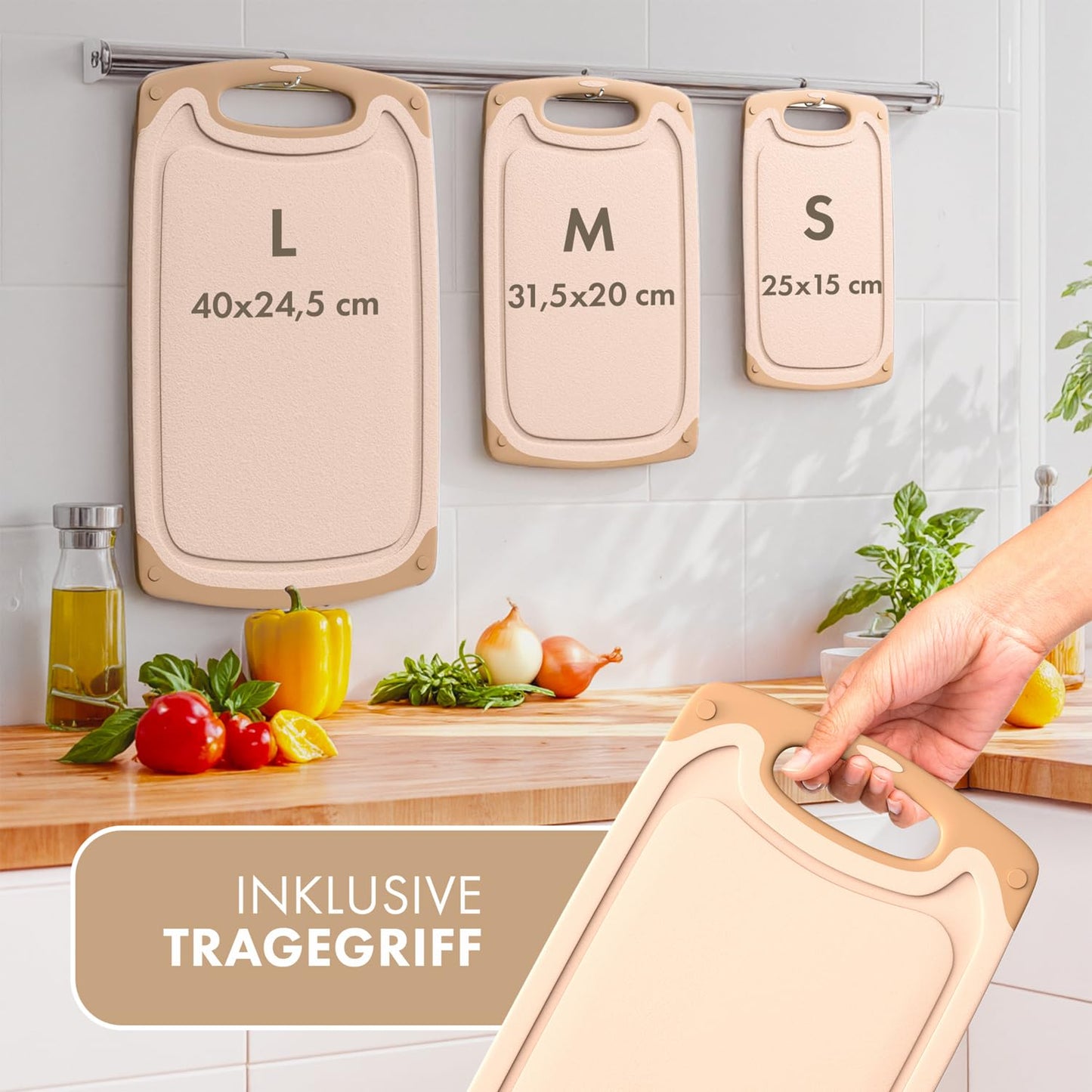Blumtal Schneidebrett Set mit 3 Größen (S/M/L) - Schneidebrett Kunststoff groß + Saftrillen & Griff - Cutting Board - Küchenbrett BPA frei - Schneidbrett Spülmaschinenfest - Schneidebretter Grau