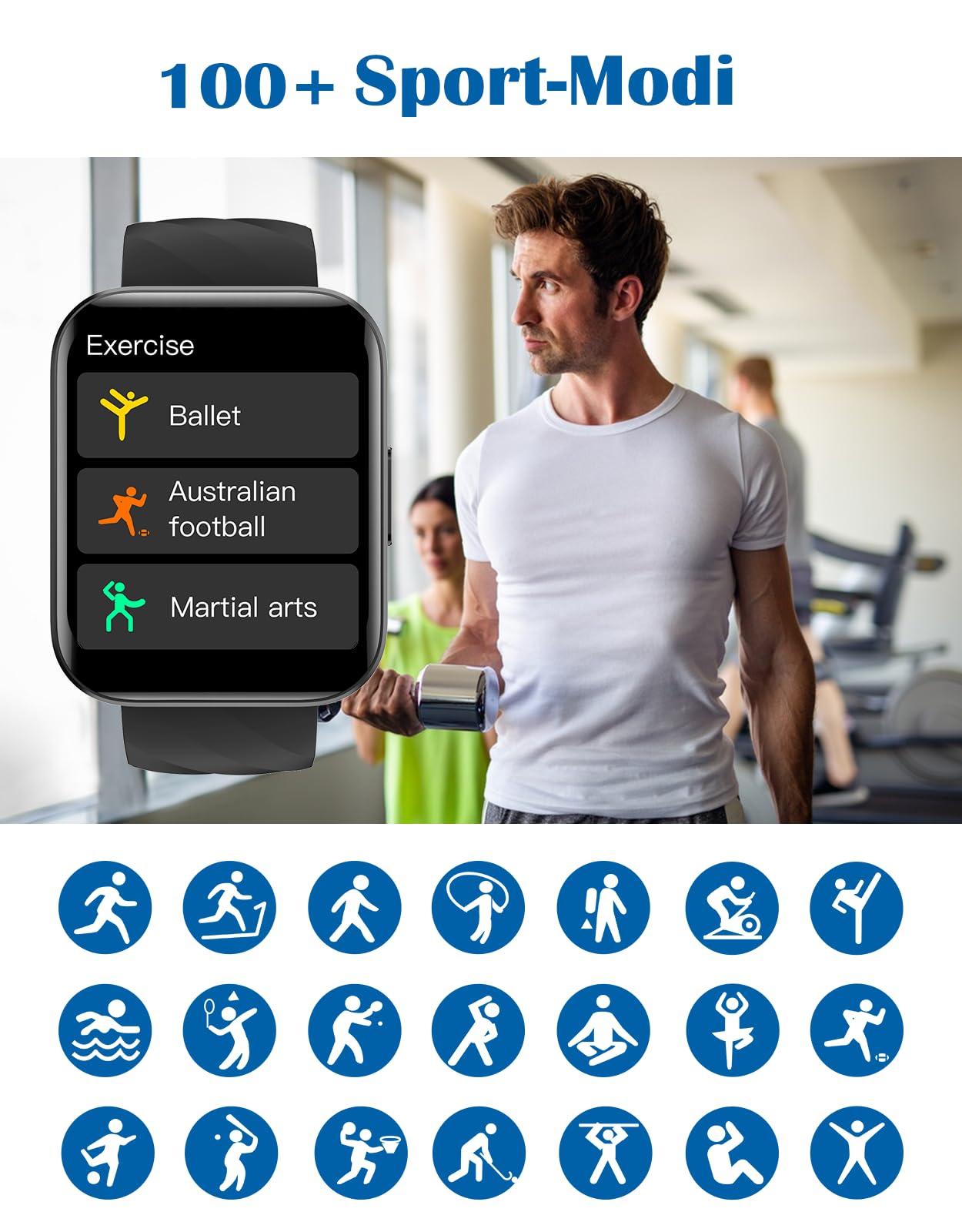 RUIMEN Smartwatch Damen Herren mit Telefonfunktion Fitnessuhr Schrittzähler Uhr mit Pulsmesser SpO2 Messung Schlafüberwachung Nachrichten Multi Trainingsmodi Smart Watch Wasserdicht Für Android iOS