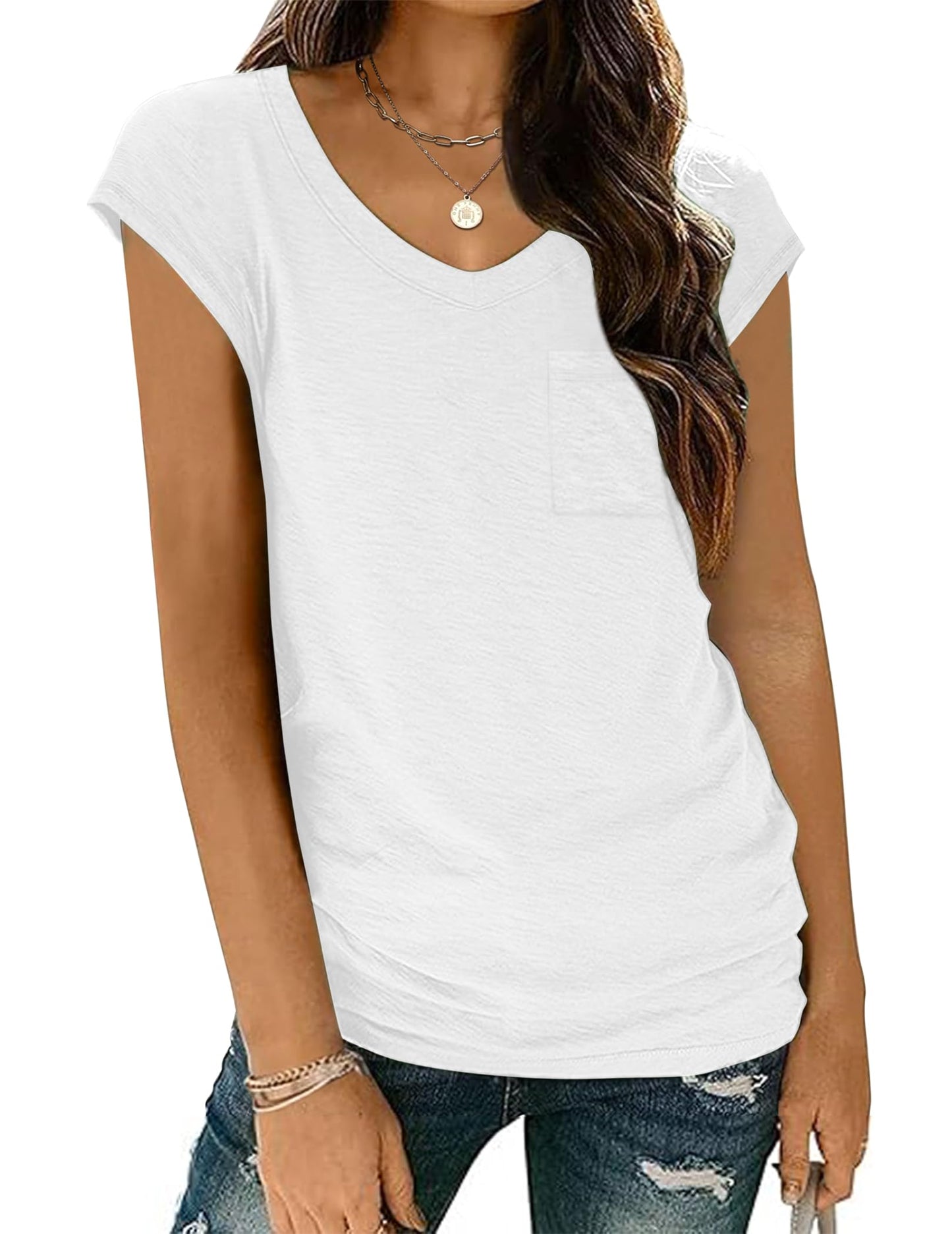 Zeagoo Women's Basic V-Neck T-Shirt with Wing Sleeves