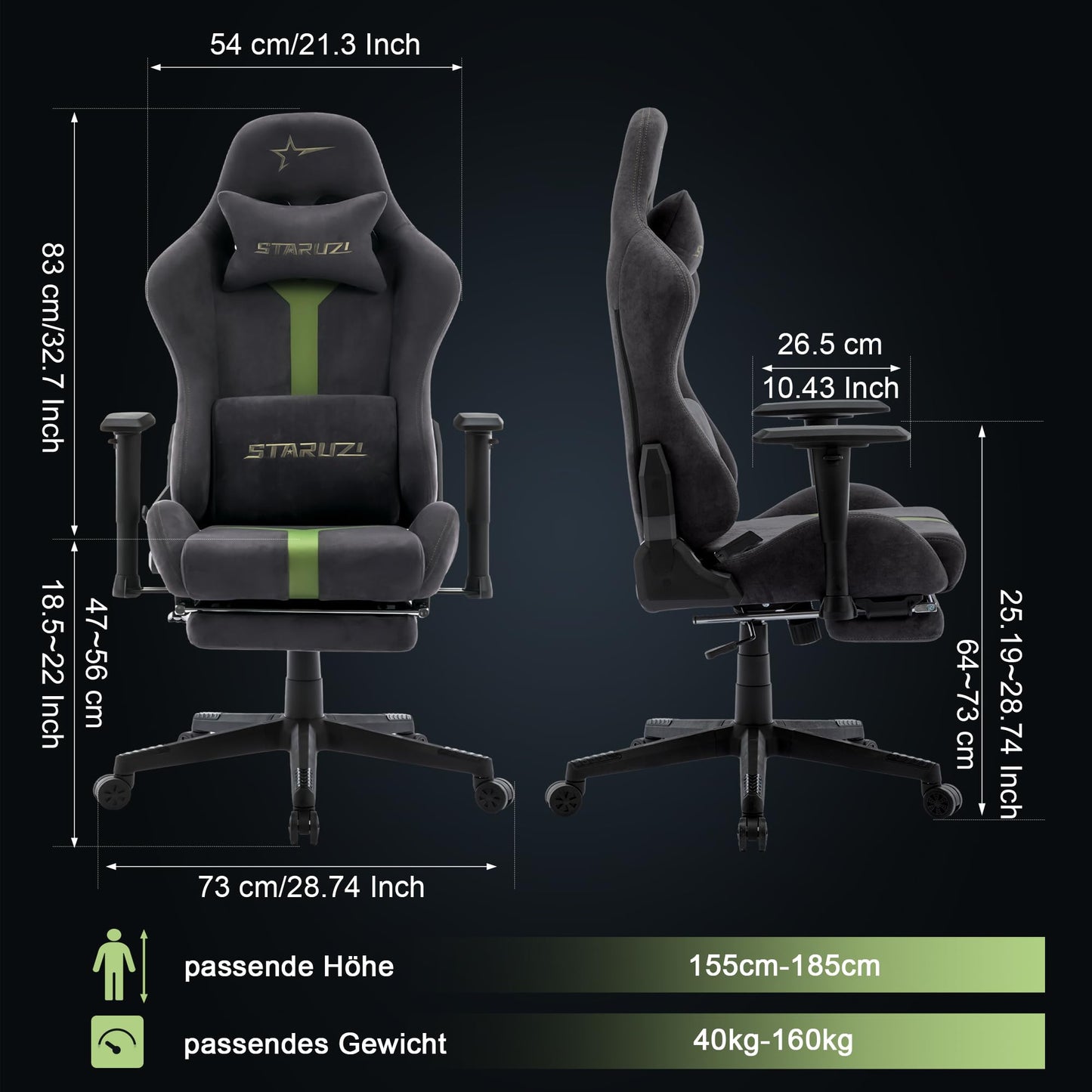 STARUZI Gaming Stuhl aus Wildlederimitat Stoff, Ergonomischer PC Stuhl, Gamer Stuhl mit Fußstütze, Atmungsaktiver Game Drehsessel mit Verstellbare Armlehne, Grau-Grün
