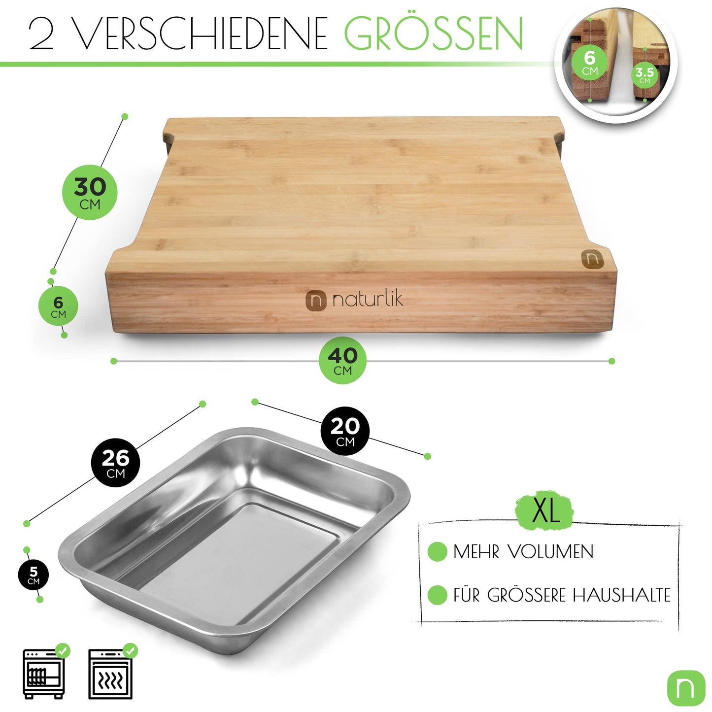 naturlik Schneidebrett XL mit magnetischen Auffangschalen - Hochwertiger FSC®-zertifizierter Bambus - Schneidebrett mit Auffangschale - Schneidebrett Holz - Holzbrett Küche - Praktische Küchenhilfe