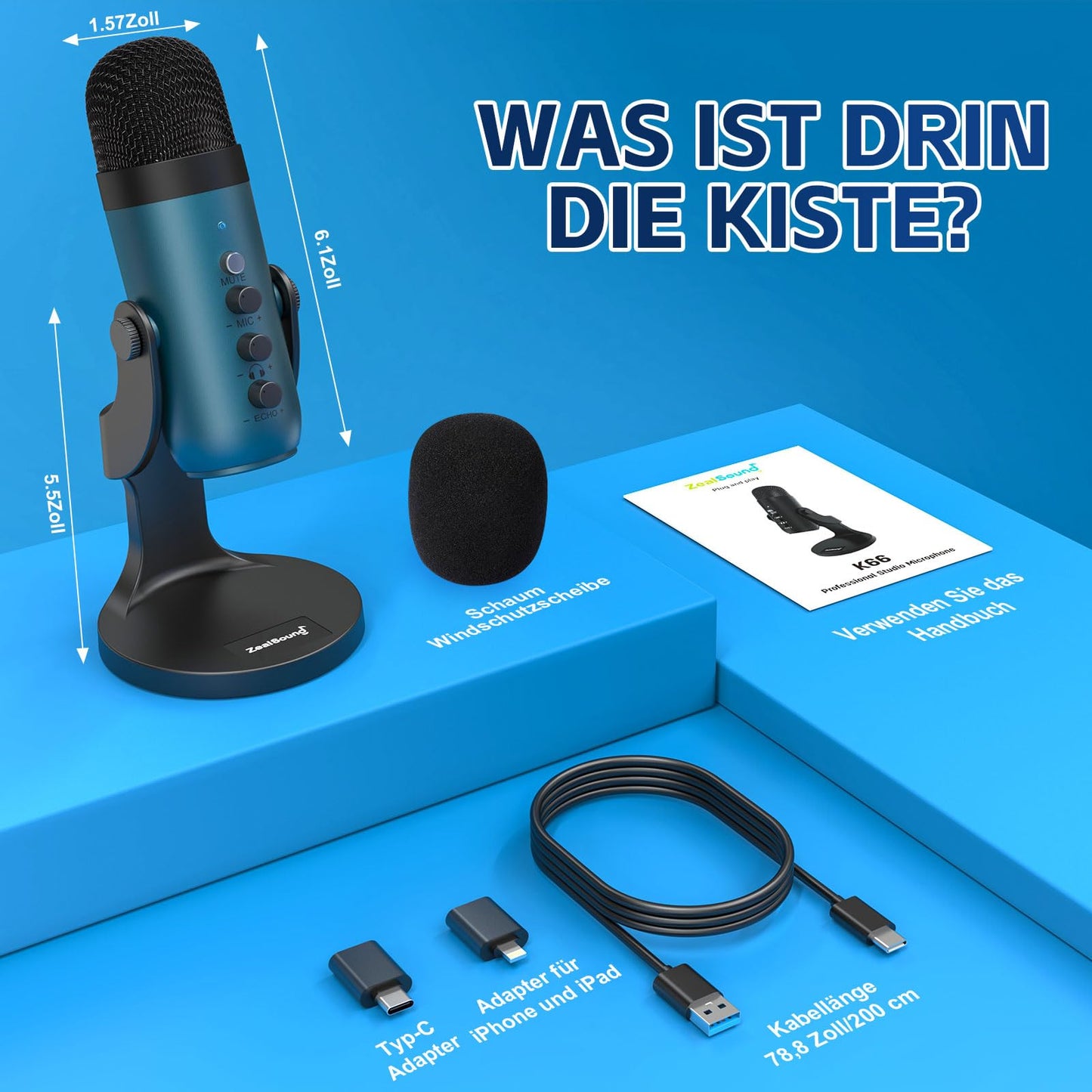 zealsound USB Mikrofon, Kondensator Mikrofon für PC Handy, PS4, PS5, Microphone PC USB C für Gaming, Podcast,Aufnahmen,Streaming,ASMR mit Stumm/Gain/Echo, Adapter für Phone,Kompatibel mit Mac, Winows
