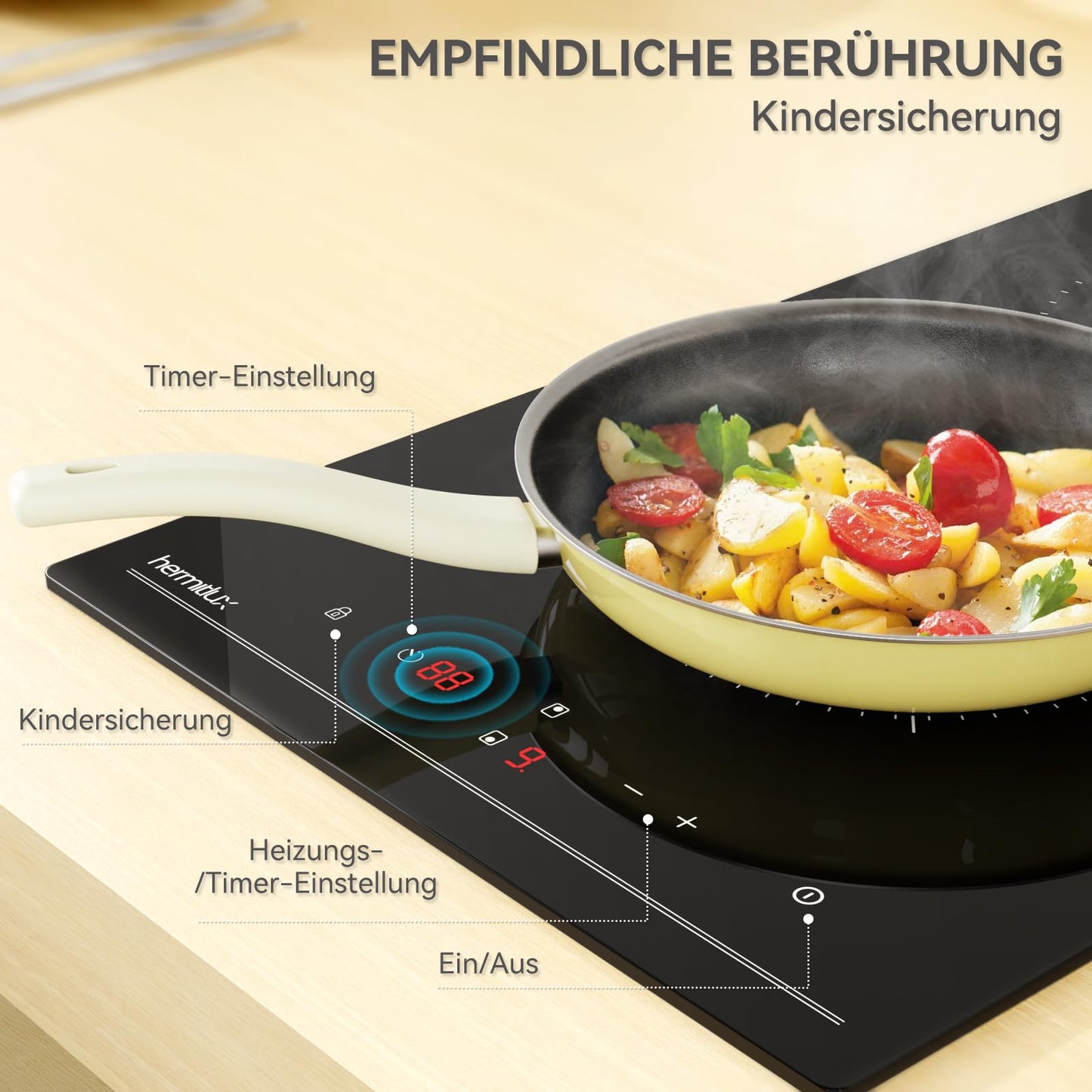 Hermitlux ceramic hob,Built-in 29 cm black glass ceramic electric hob,9 power levels,Sensor touch control, child lock, 1-99 minute timer,Suitable for all pots and pans