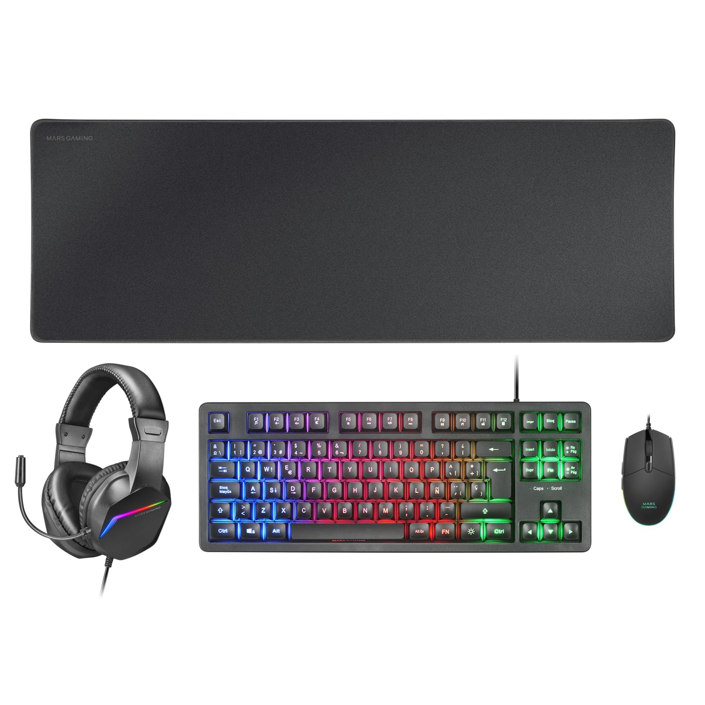 MARSGAMING MCP-RGB3, Pack Gaming Keyboard Fixed RGB + Gaming Mouse RGB Flow 3200 DPI + Headset Over-Ear RGB + XXL Mouse Pad, White, Portuguese Language