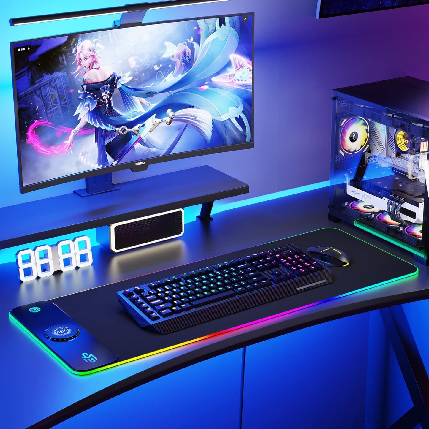 RGB Gaming Mauspad 15W Qi Mousepad LED, 10 Beleuchtungsmodi mit 15W Schnellladung Qi Kabelloses Laden für I-Phone Handy, Kopfhörer, Wasserdicht, rutschfest für Gaming, Schreibtische, PC und Büro