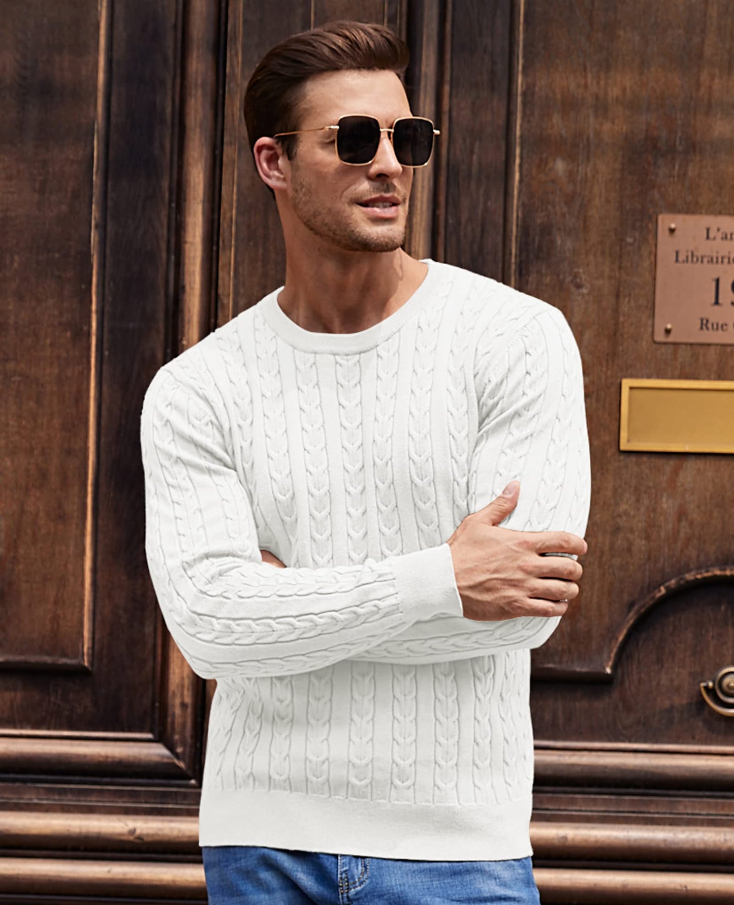NITAGUT Men’s Cable Knit Sweater – Slim Fit Crewneck Pullover