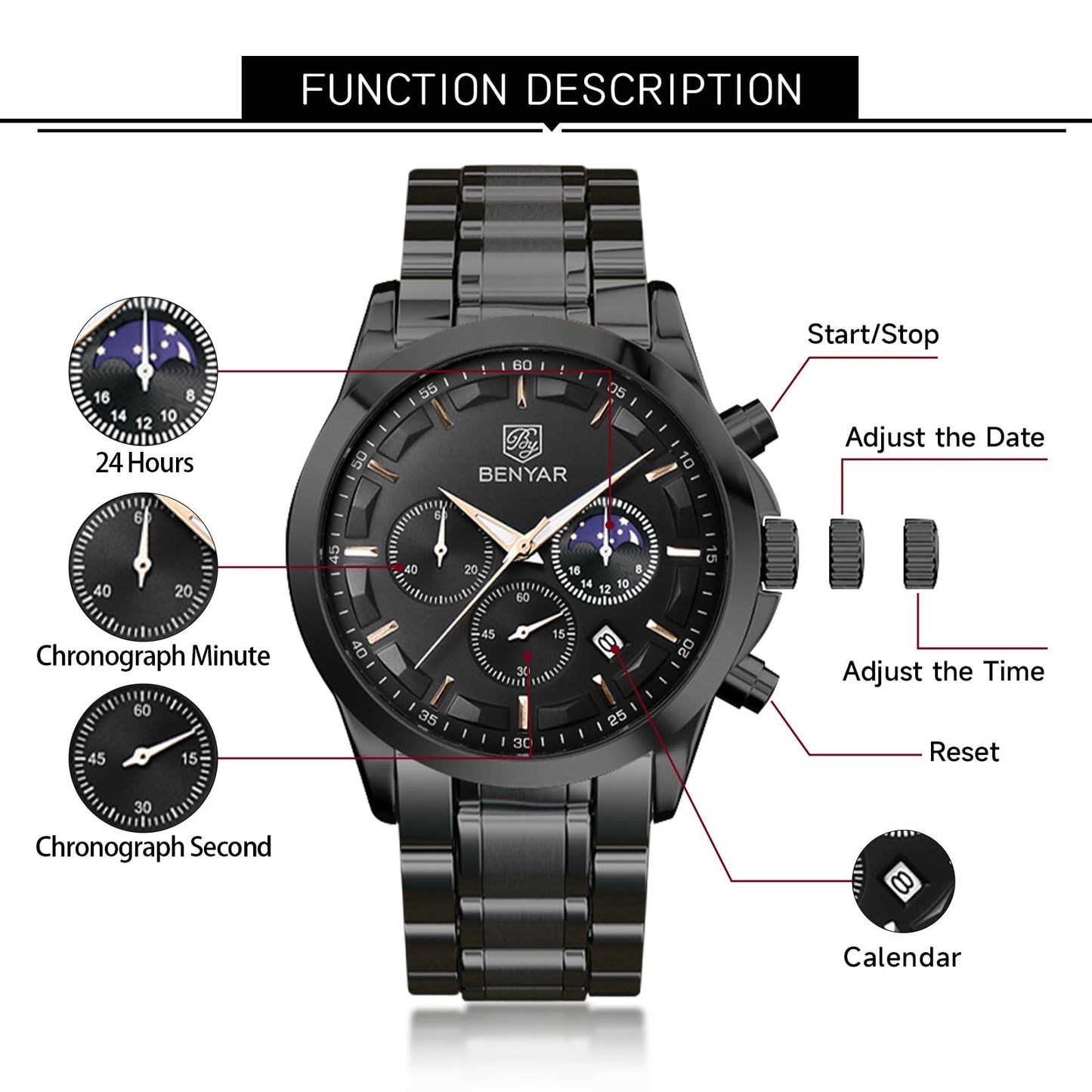 BY BENYAR Uhren Herren Chronograph Analog Quarz Wasserdicht Armbanduhr Herren Mode Lässig Business Herrenuhr mit Kalender Lederarmband/Edelstahlarmband Uhr Geschenk für Männer