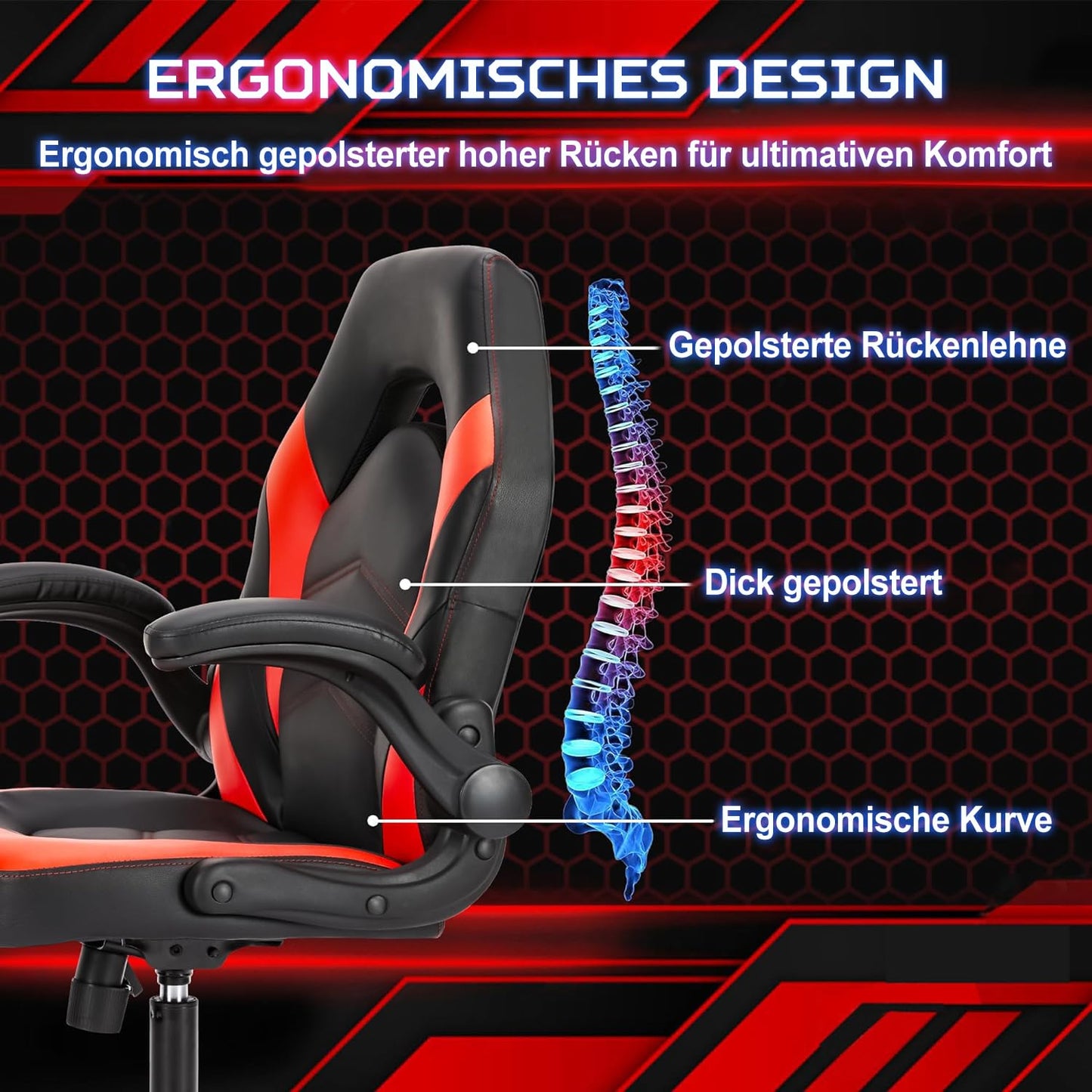 DUMOS Gaming Chair - Ergonomic Gaming Chair, Adjustable Swivel Gaming Chair Made of PU Leather with Folding Armrests, Suitable for Home, Offices etc. (Black-Gray)