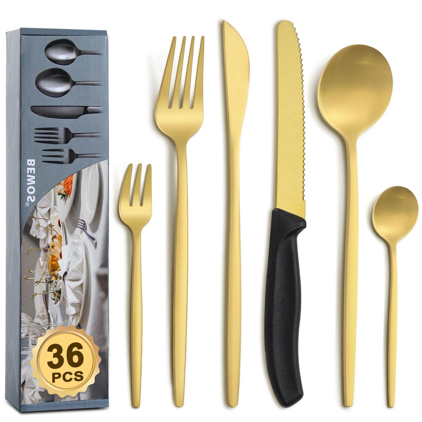 BEWOS 36-teiliges Besteck set mit Steakmesser Service für 6, Premium-Edelstahl-Bestecksets für Haus & Küche, Hochwertiges Messer-Löffel-Gabel-Besteck-Set Hochglanzpoliert, Spülmaschinenfest