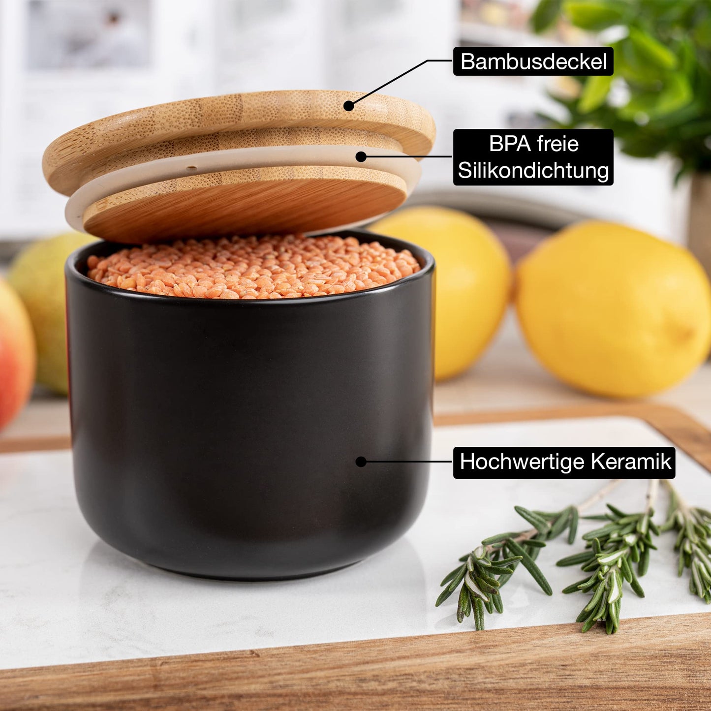 Moritz & Moritz 3x Vorratsdosen Schwarz 400ml, 600ml & 900 ml - Beschreibbar – 3x Keksdosen Keramik mit Deckel aus Bambus – Keramik Aufbewahrungsdose