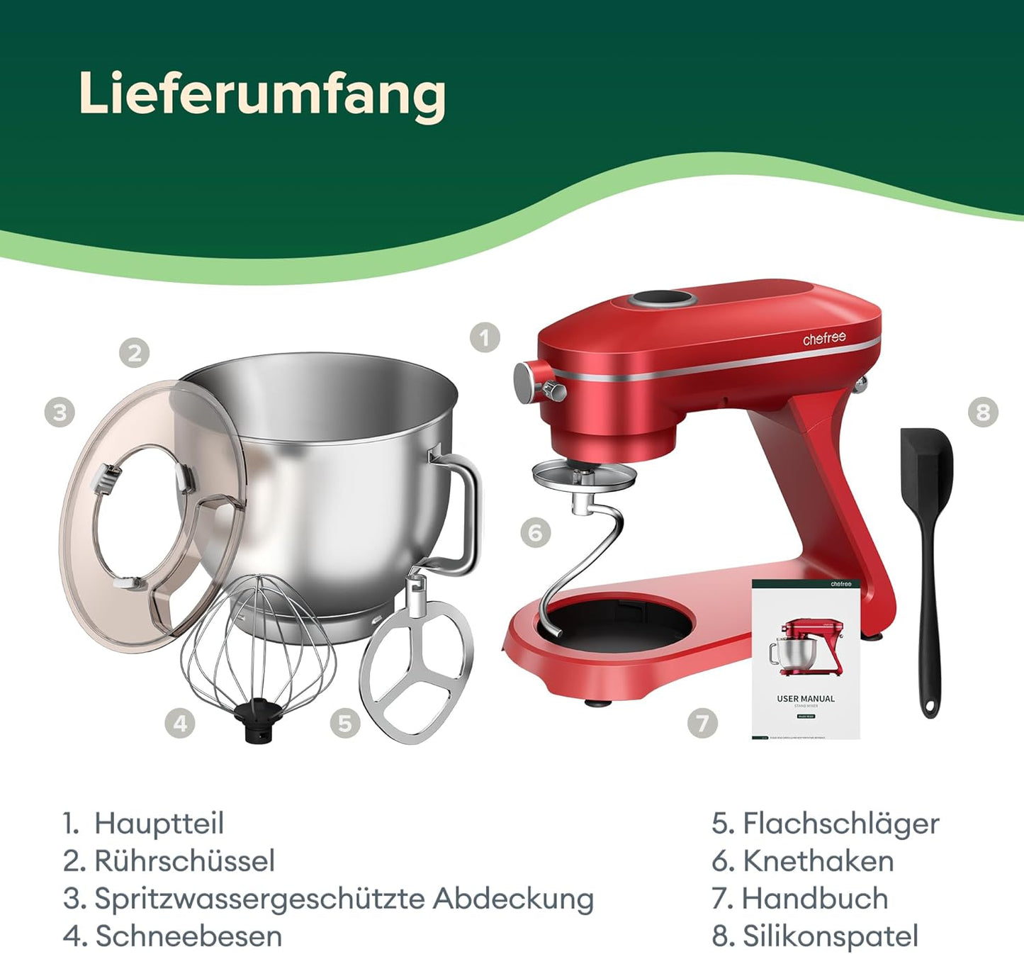 Chefree Knetmaschine Profi Küchenmaschine,7L Schüssel mit 3 Rührwerkzeuge, 1800W,LED-Touchscreen,10 Stufen,Knethaken Rühr- & Schneebesen,Planetenrührwerk,Rot,M500