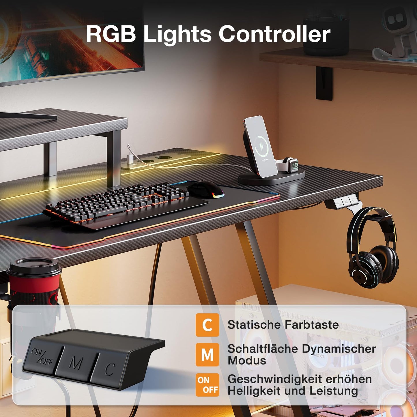 ODK Gaming Tisch mit LED & Steckdose, Gaming Schreibtisch mit Becherhalter und Kopfhörerhaken, Doppel-Z-Rahmen-Design Kleiner Computertisch, Carbon Fiber Schwarz PC Tisch 120 cm