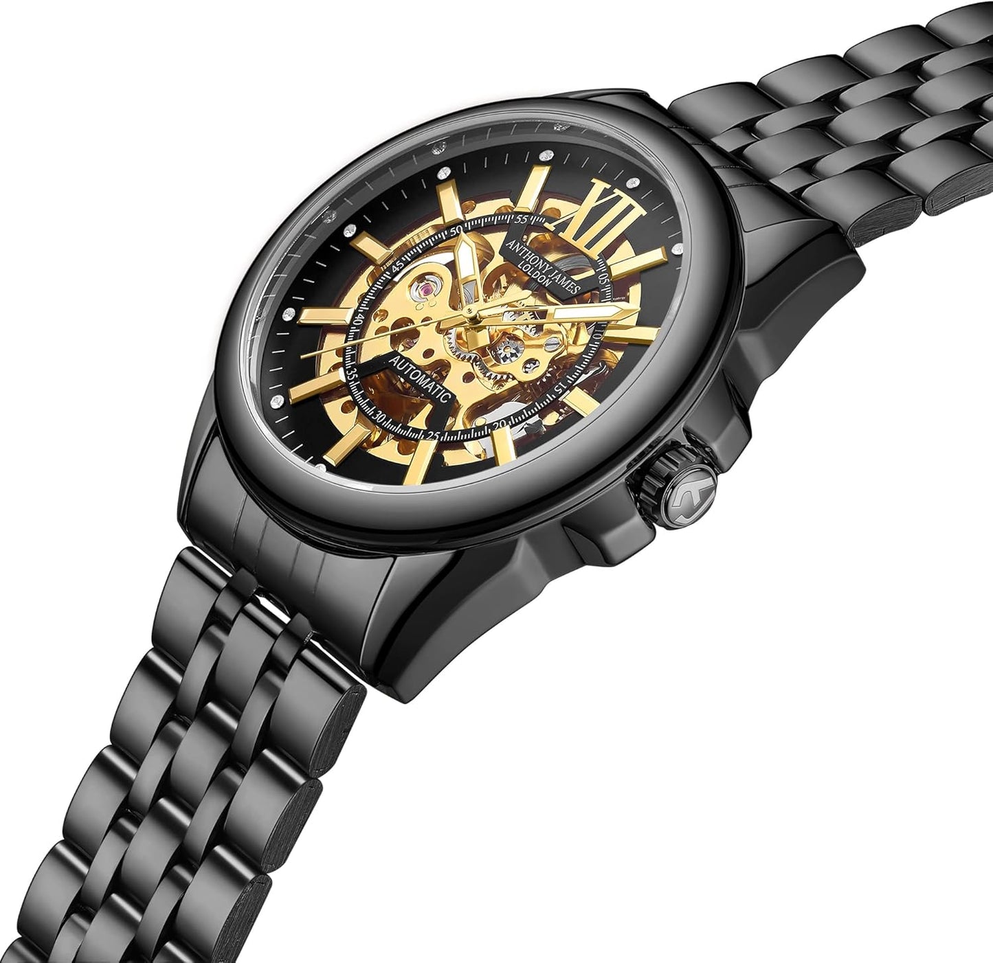 Anthony James Mystique Automatische Armbanduhren Herren - Handmontierte Wasser- & Kratzfeste Analoguhr mit 21 Juwelen Gold Skelett Zifferblatt Analoge Uhren Herren, Schwarz , Armband