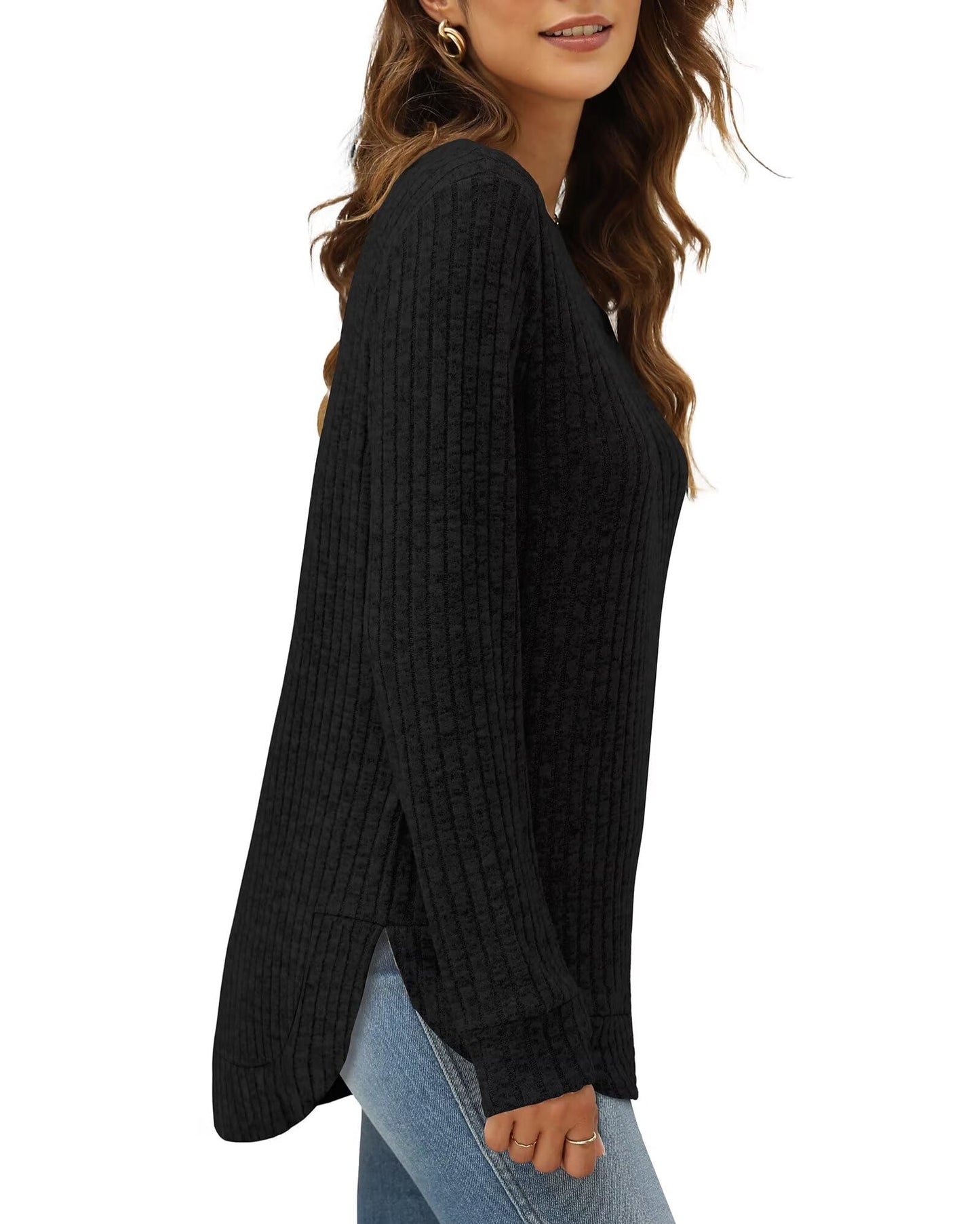 XIEERDUO Women's Pullover Sweater – Curved Hem Knit Sweatshirt