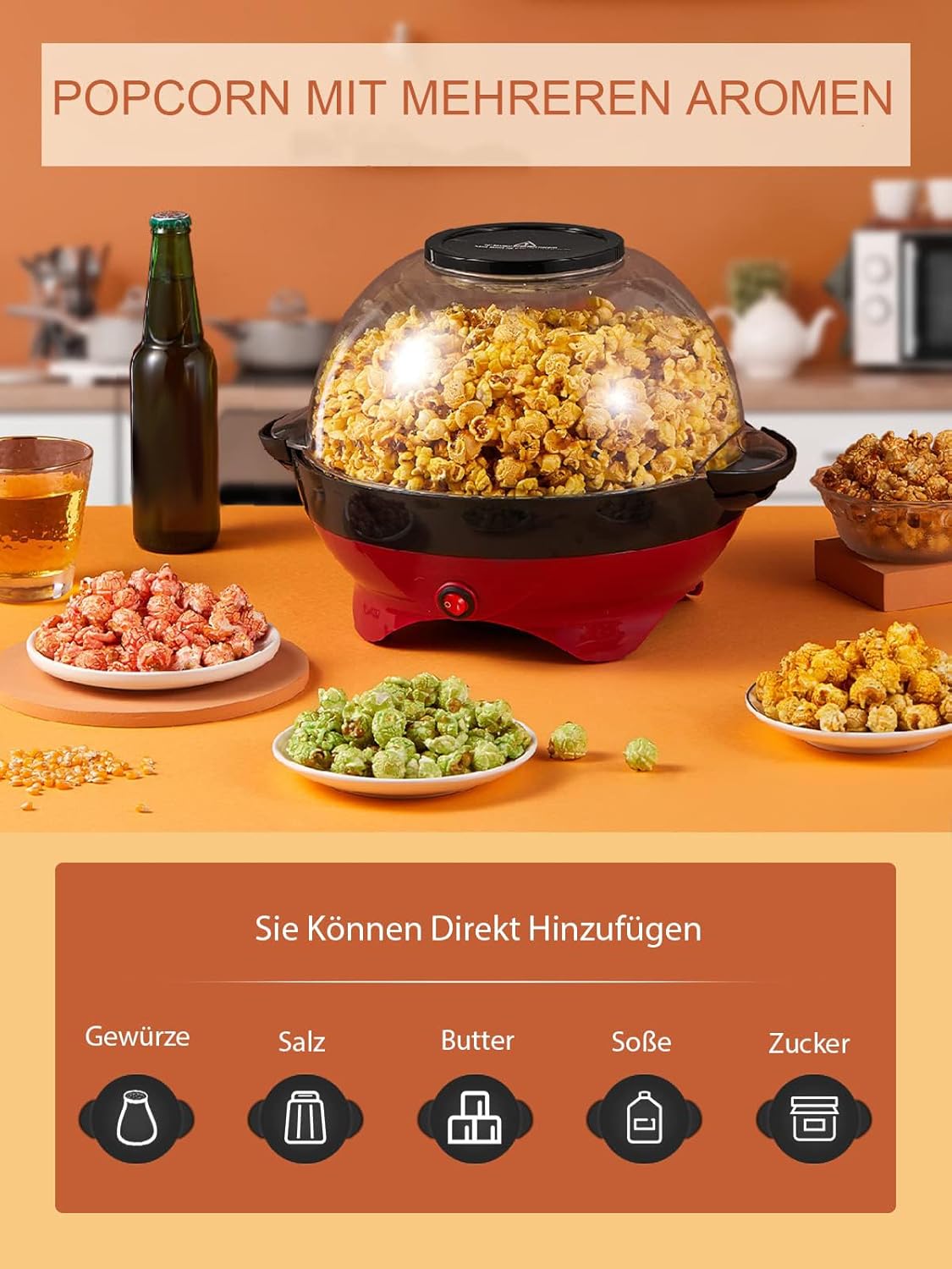 Popcornmaschine - 5.5L Großer Inhalt - HOUSNAT 800W Zuhause Popcorn Maker Machine mit Antihaftbeschichtung und Abnehmbares Heizfläche - Stille und Schnelle - Maschine