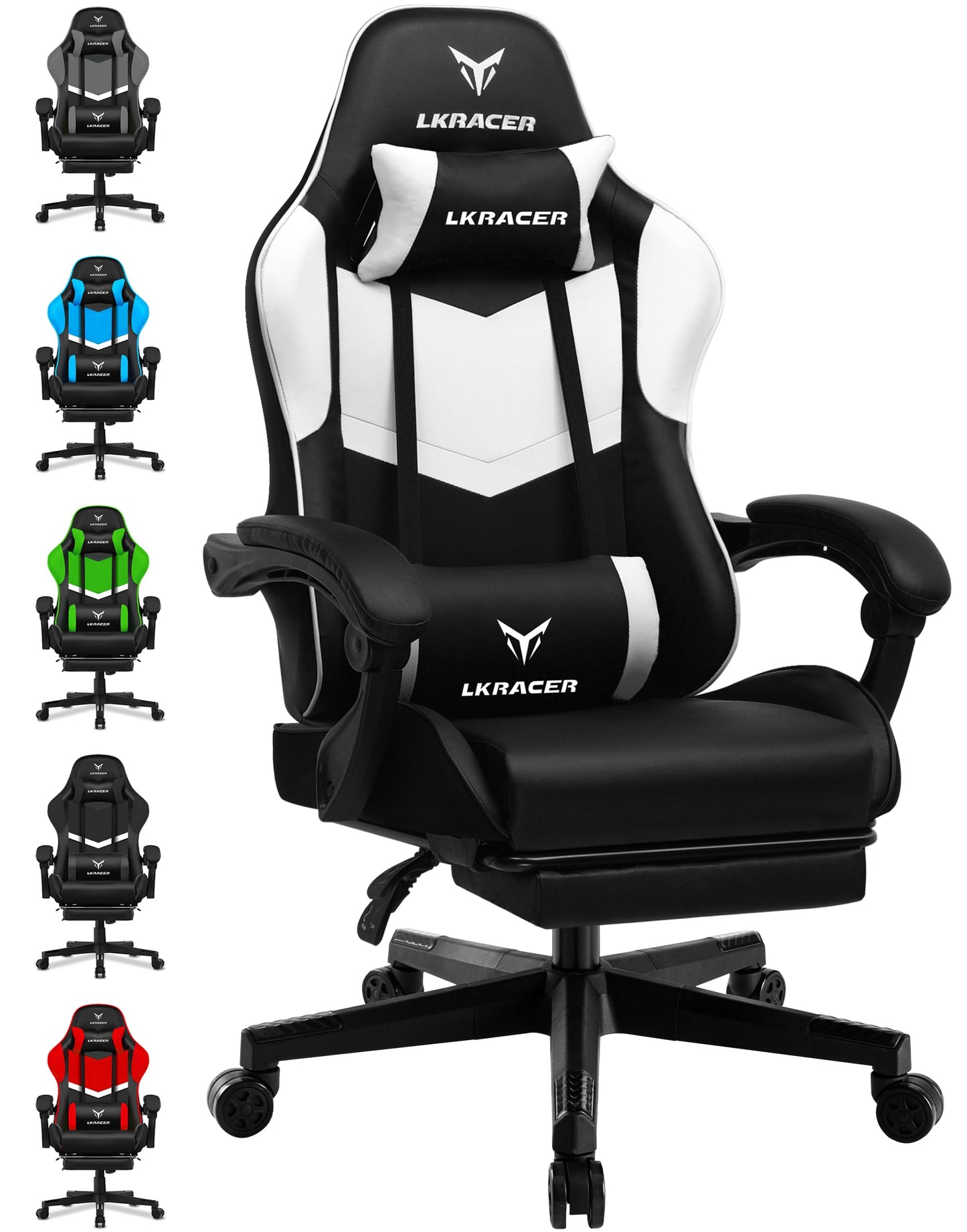 LUCKRACER Gaming Stuhl mit fußstütze Bürostuhl Ergonomisch mit verstellbare Lendenkissen, Kopfkissen Gaming Chair,Höhenverstellbarer Gamer Stuhl, 150 kg Belastbarkeit Grau