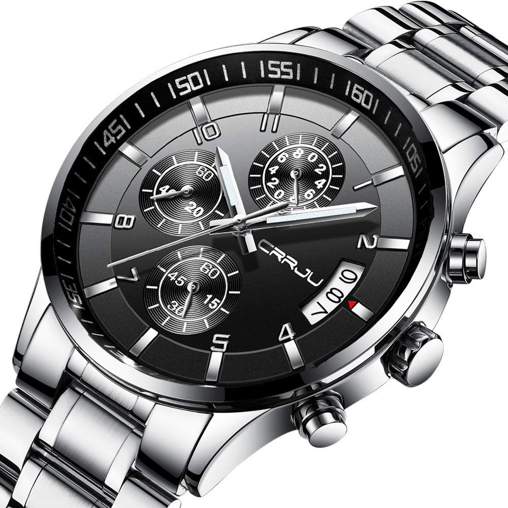 CRRJU Herren Uhr Business Edelstahl wasserdichte Chronographen mit Kalender Armbanduhr Edelstahlband Stoppuhr Analog Quarzuhr