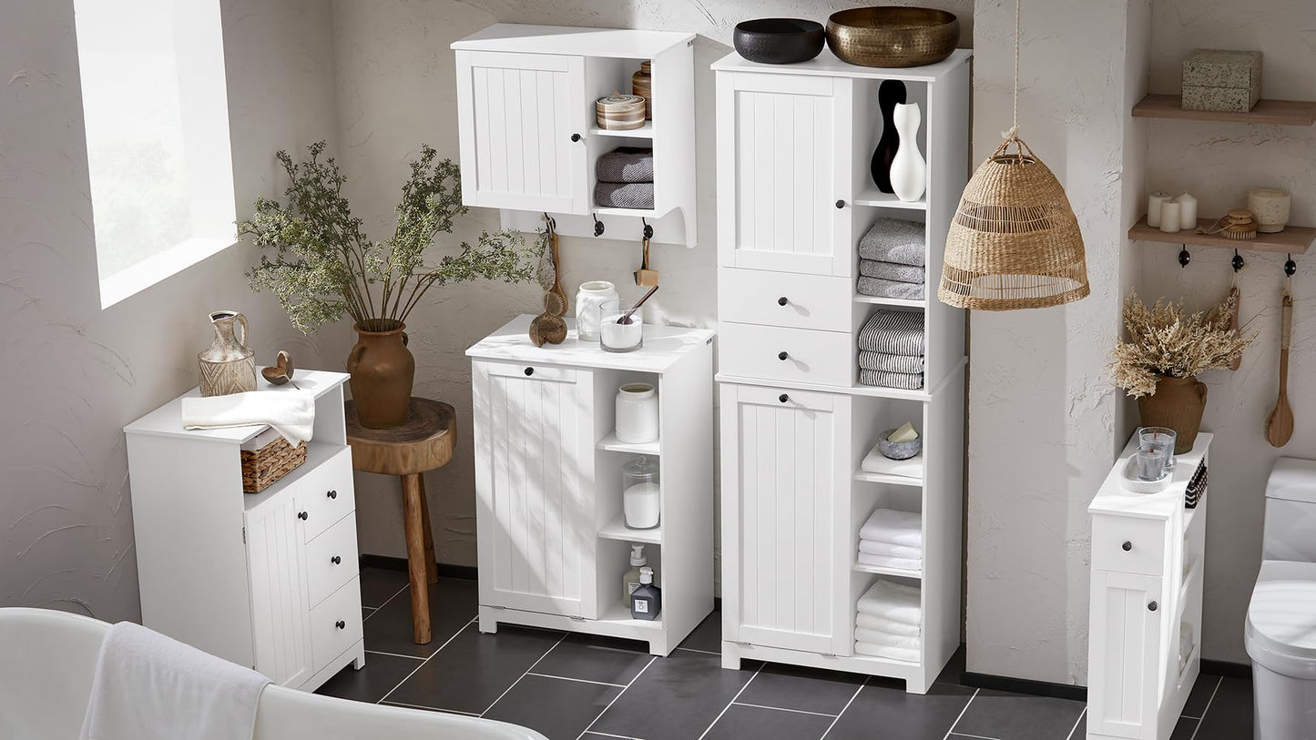 SoBuy Badezimmerschrank mit Wäschekorb Schmaler Badschrank Hoch Badregal Stehend mit 6 Ablagen und 2 Schubladen Wäscheschrank Schmal für Badezimmer Nische Weiß 60x37x171 cm BZR104-W