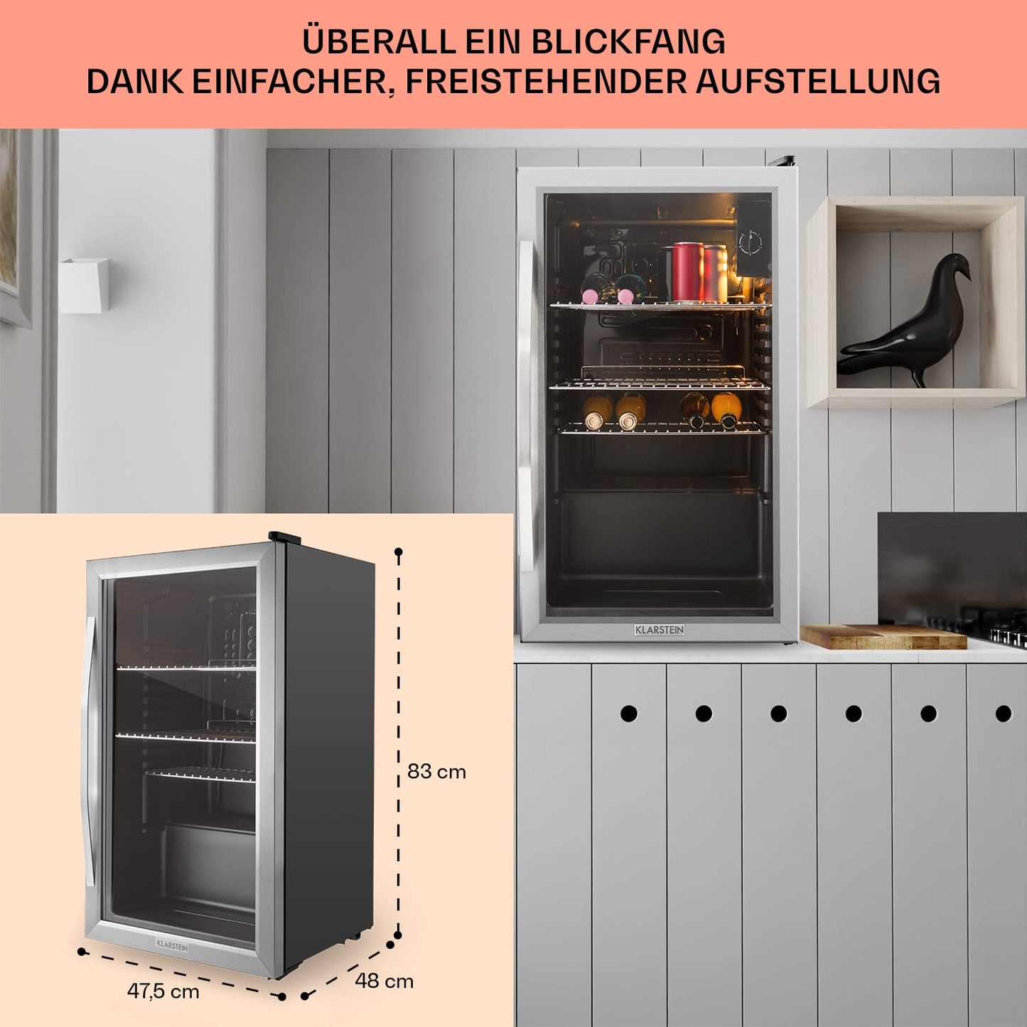 Klarstein Mini Fridge with Glass Door, Mini, for Room, Drinks Fridge Small with Adjustable Shelves, with Waveform Racks, 60 Liter Refrigerator Quiet