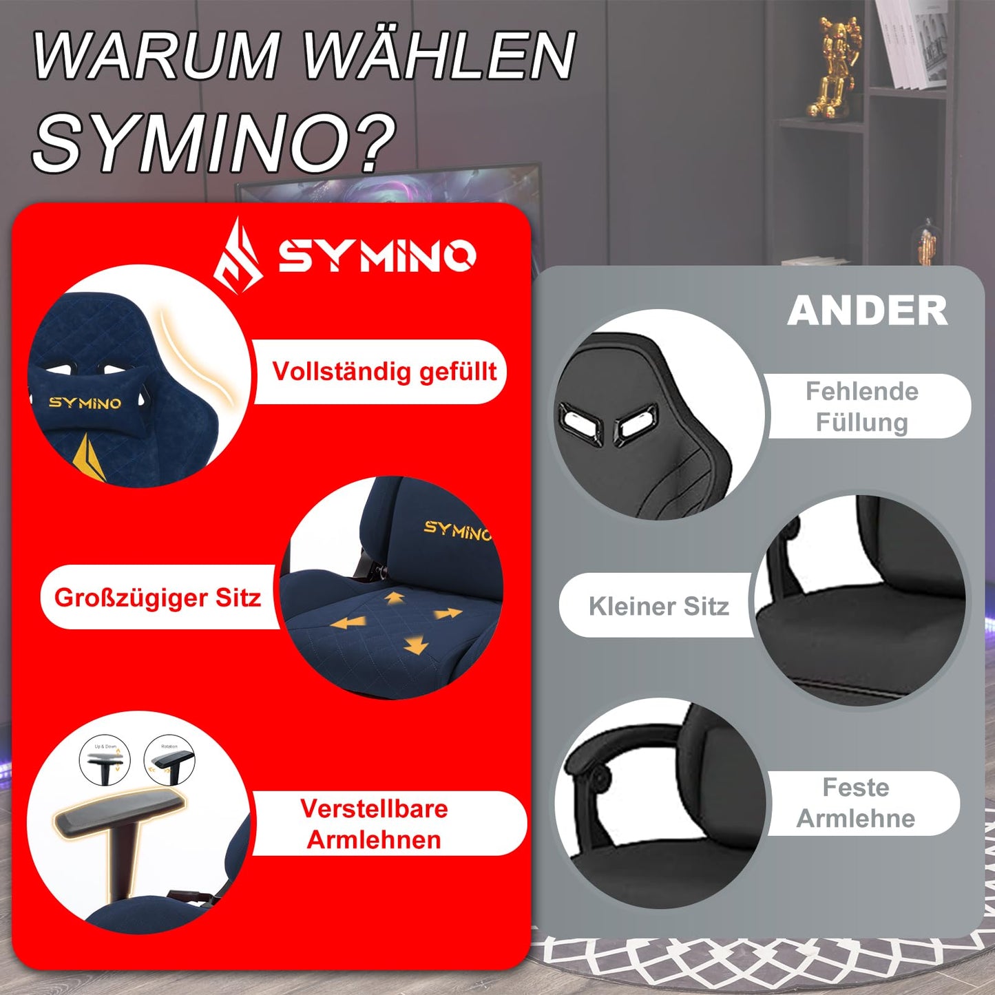 symino Gaming Stuhl, Ergonomischer Bürostuhl, Rennstuhl-Design PC Stuhl, Vintage-PU-Leder, Verstellbarer Drehbarer Task Stühle mit Fußstütze (Schwarz)