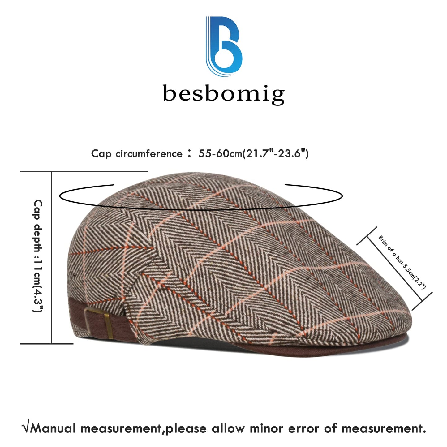 besbomig Schiebermütze Barret Flat Cap Schirmmütze für Herren Damen, Gatsby Newsboy Cap Baskenmützen Golfermütze, Frühling Herbst Winter, 55-59cm