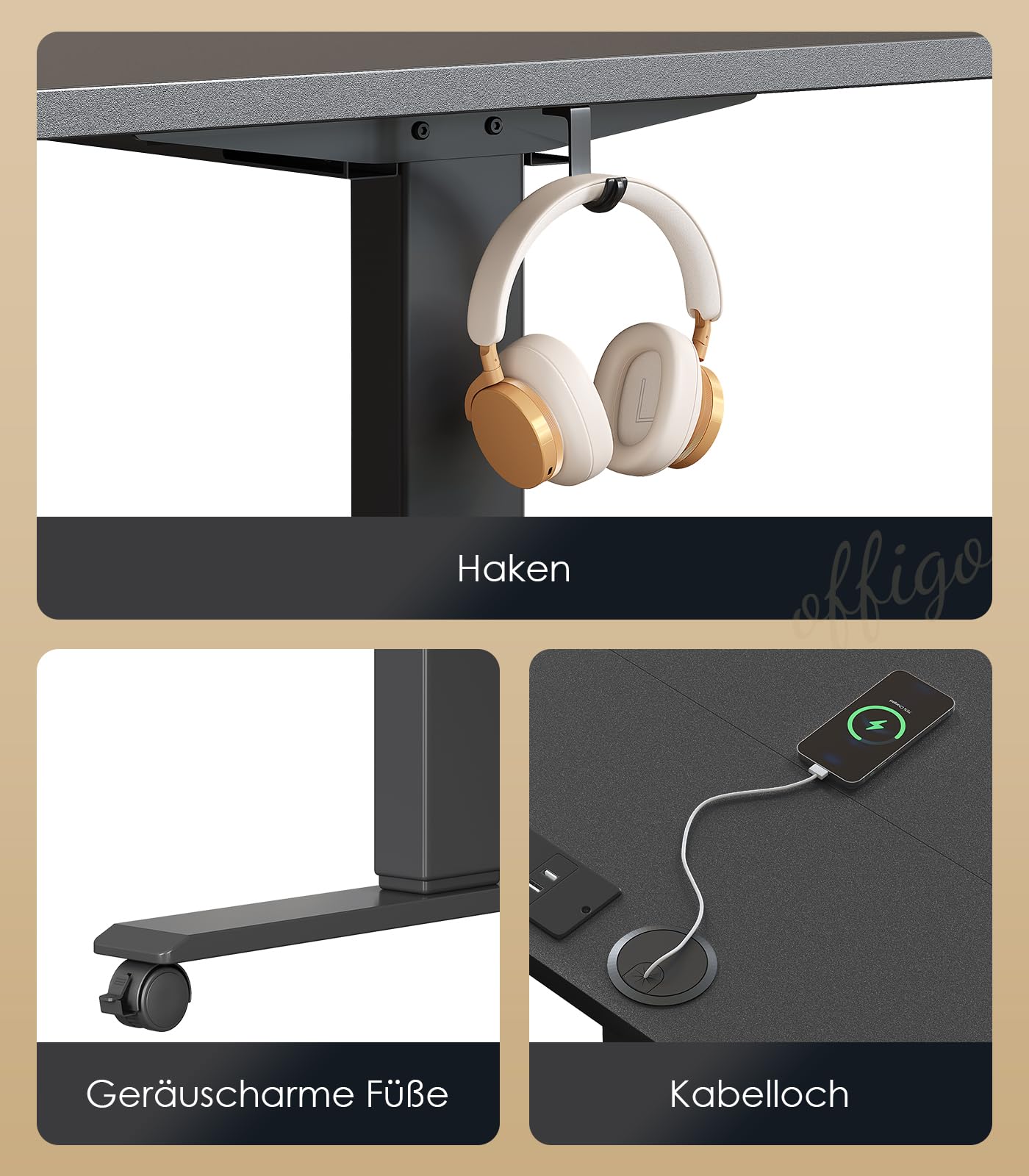 OffiGo Höhenverstellbarer Schreibtisch, 180cm, Elektrischer Schreibtisch mit USB, Schreibtisch Höhenverstellbar mit 2 Memory Funktion, Tisch Höhenverstellbar für Büro, Zuhause, Gaming, Schwarz