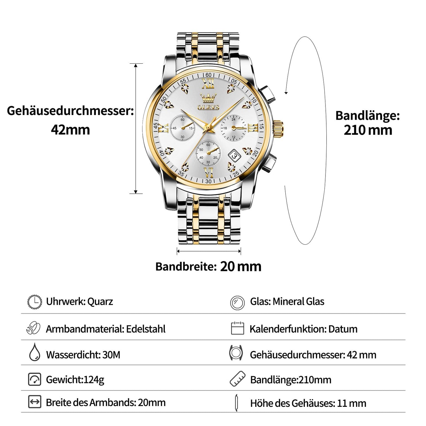 OLEVS Uhren Herren, Edelstahl Analoger Quarzuhr, Multifunktionale Diamanten Herrenuhren, Klassisches Luxuskleid Herrenuhr